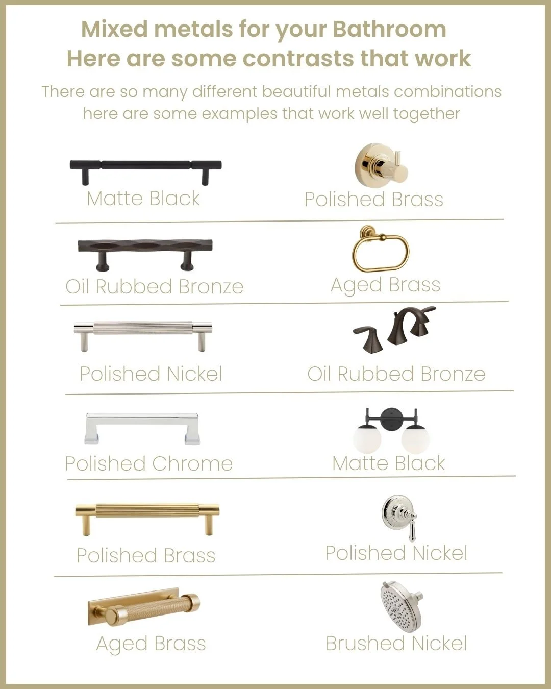 What's your favorite combination? or do you prefer just one finish in your bathroom? 

Need help with your Bathroom selections book a free discovery call link in the Bio, or send me a DM 

#hardware #edesign #virtualservices #bathroomselections #bath