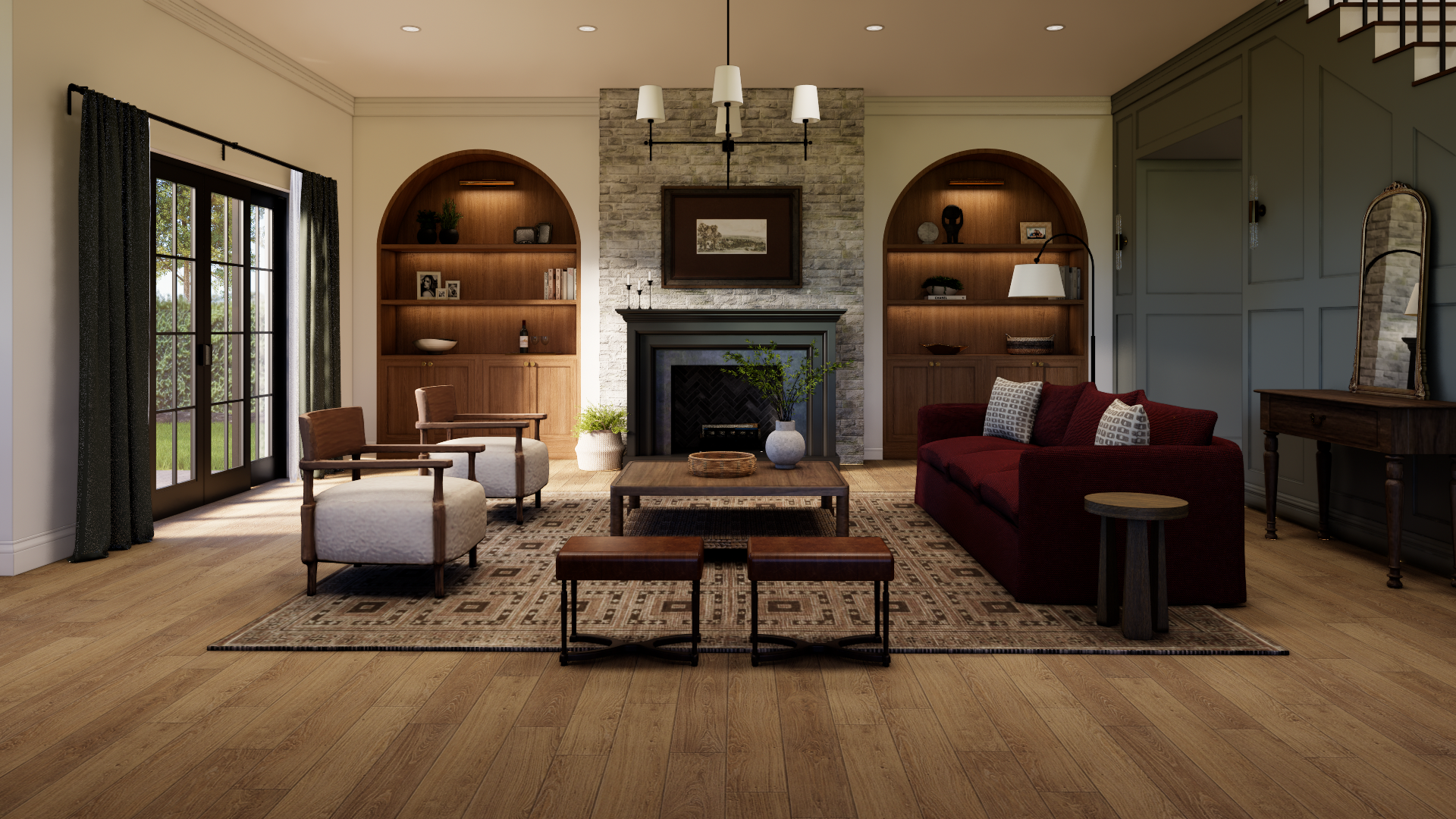 3D visualization of a modern living room created for a residential interior design project.