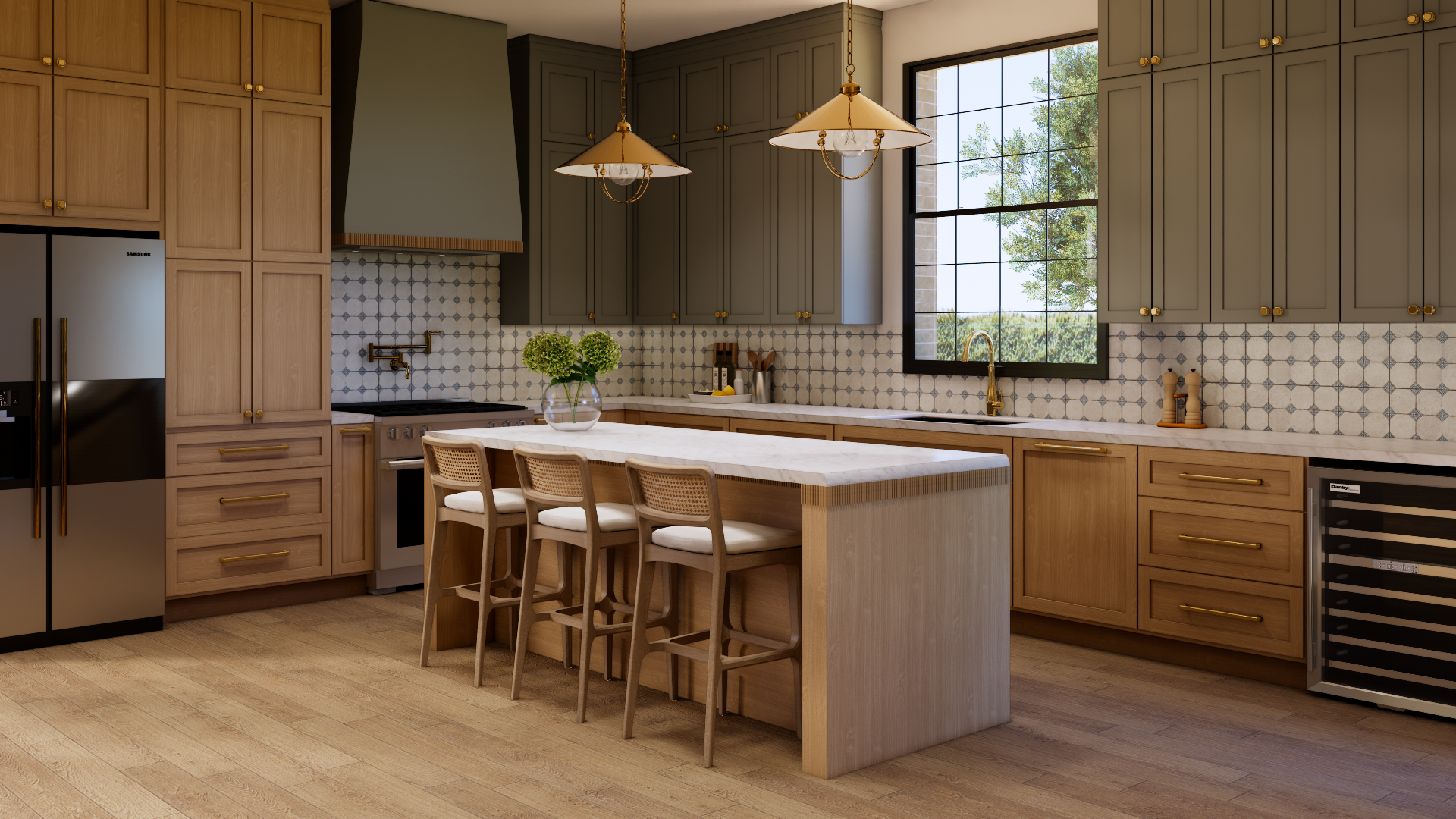 Luxury kitchen interior visualization with custom cabinetry, large kitchen island, and photorealistic 3D rendering for residential interior design.