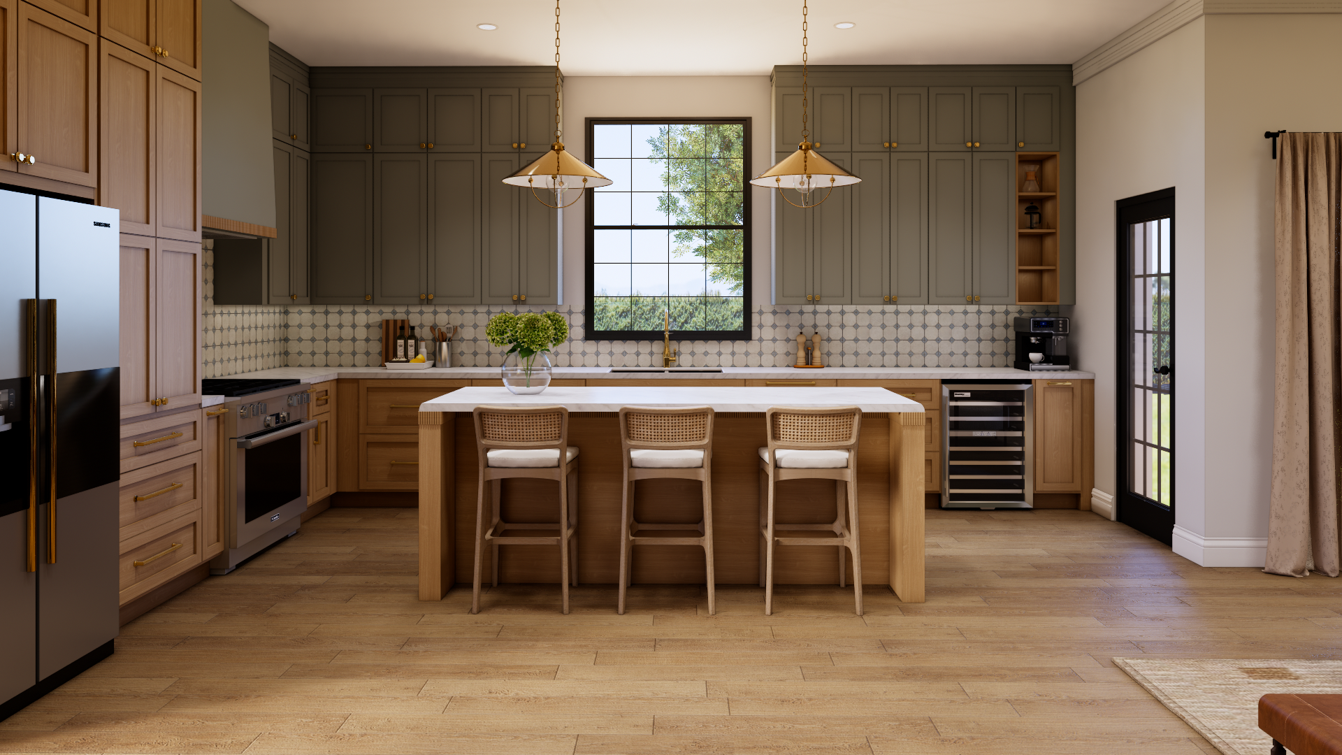 Photorealistic kitchen 3D rendering featuring custom cabinetry, kitchen island, and residential interior design visualization for design development.