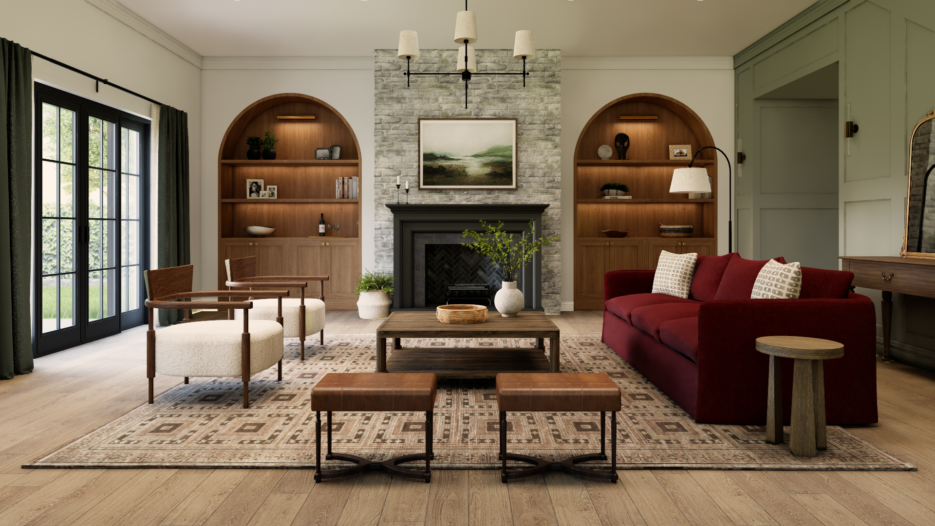 Photorealistic living room 3D rendering featuring a custom fireplace, built-in shelving, and residential interior design visualization for client approval.