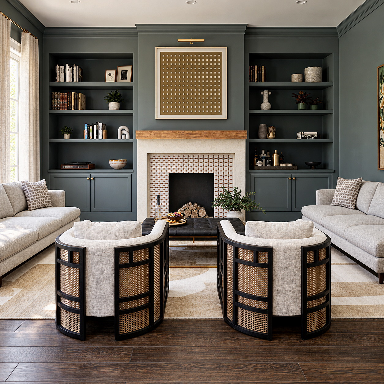 Fairfax Condo living room visualization featuring a built-in fireplace and seating area