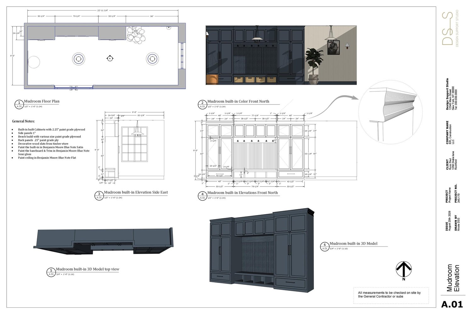 Drake Lane mudroom technical plans showing floor plan, elevations and built-in cabinetry details