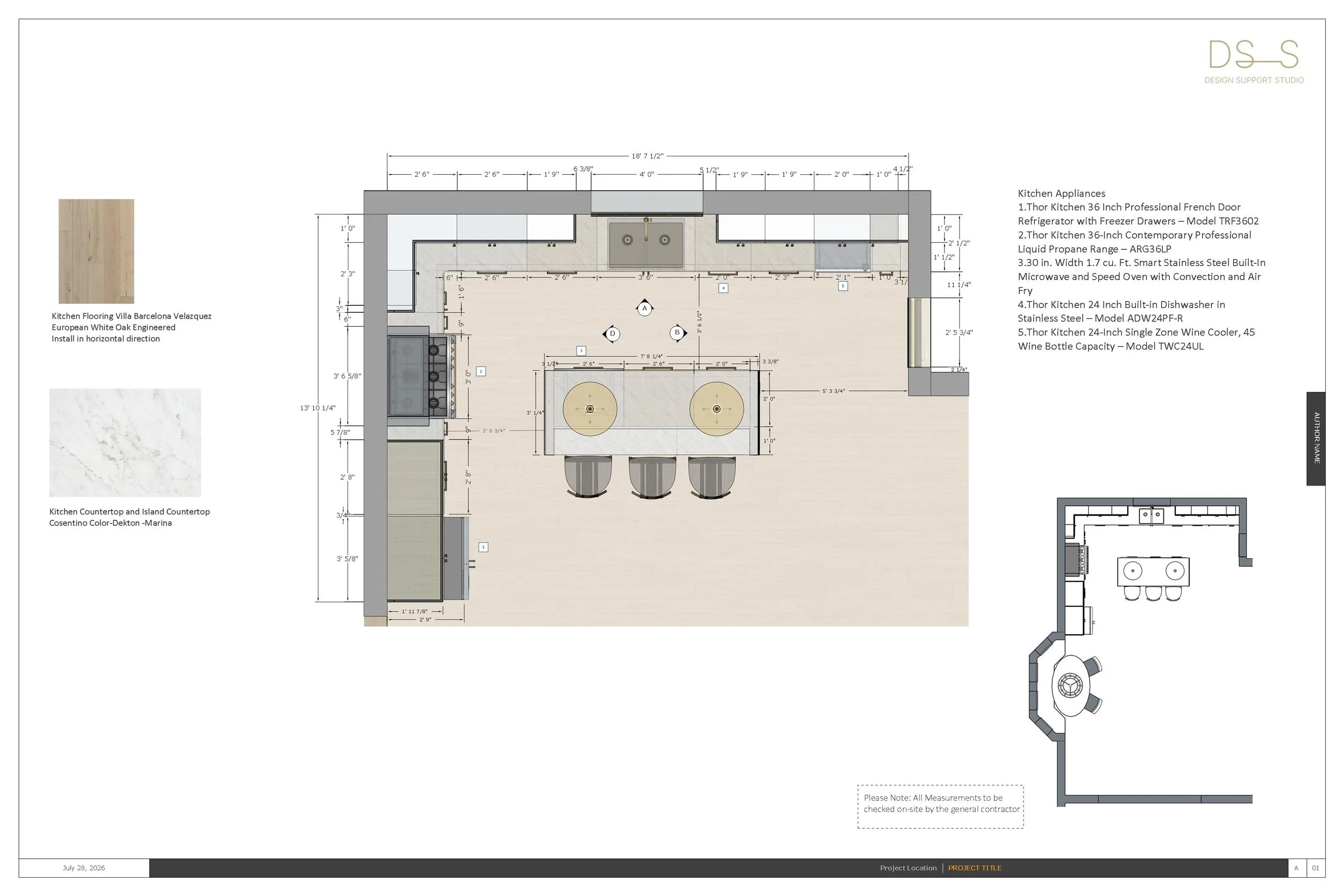 Kitchen floor plan with dimensions, appliance layout, cabinetry details, and technical documentation for residential interior design construction.