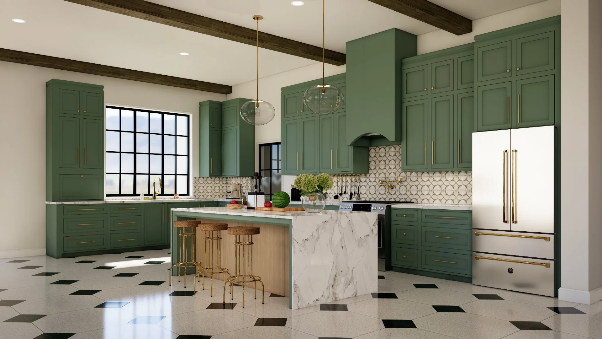 3D visualization of a contemporary kitchen with custom green cabinetry and marble island for a residential interior design project.