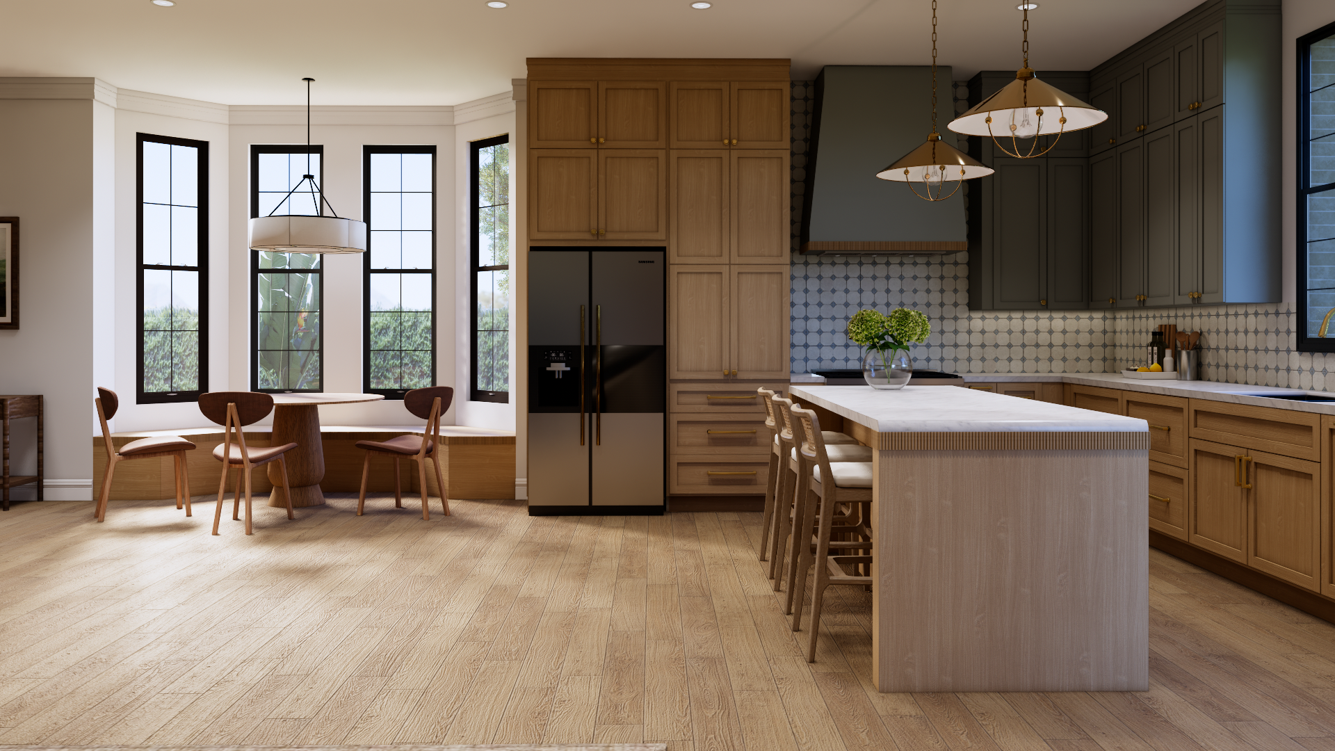 Photorealistic kitchen 3D rendering featuring custom cabinetry, dining area, and residential interior design visualization for client approval.