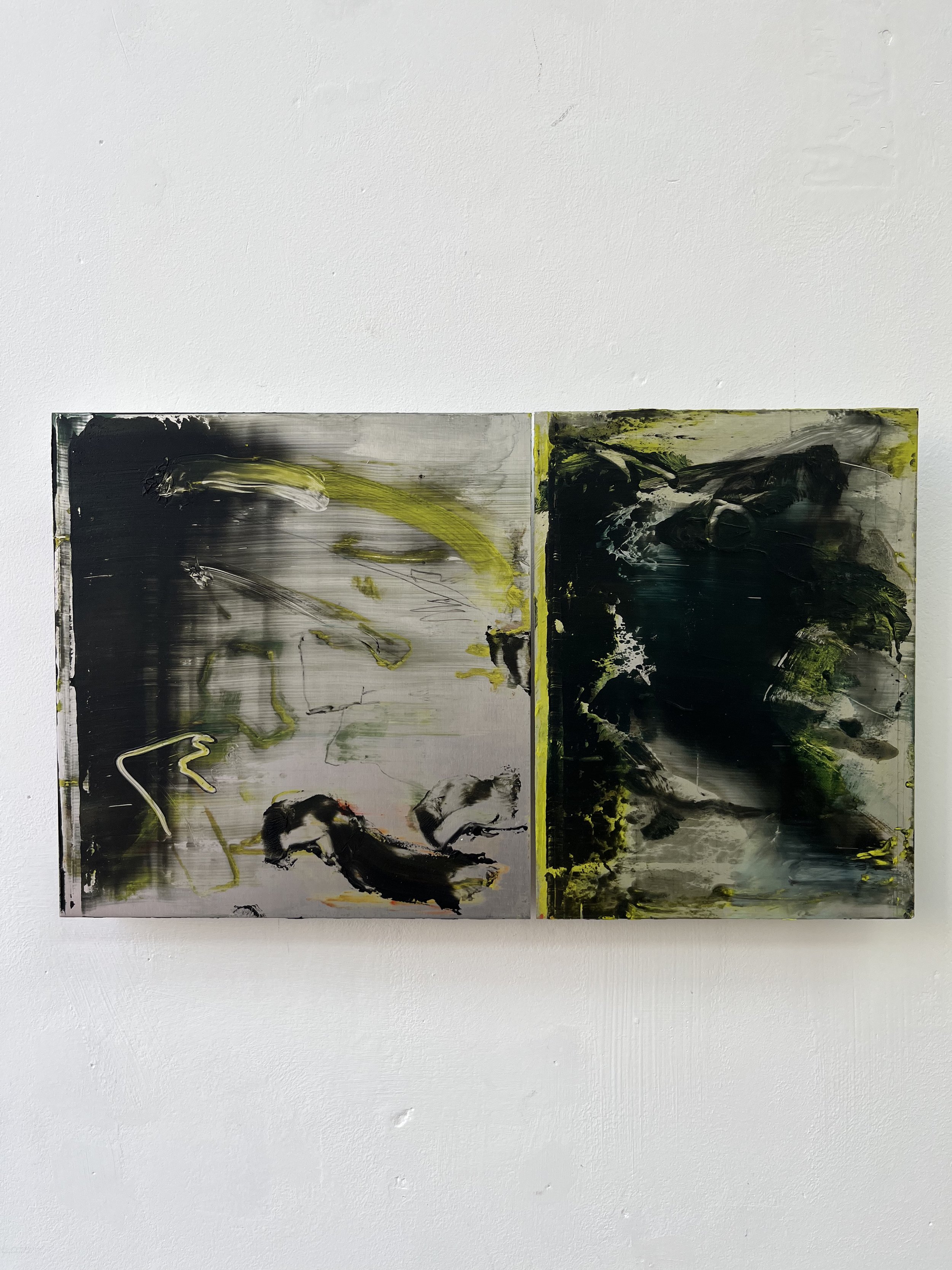 ebb and flow, oil, oil stick, graphite and cold wax on aluminium (430x255mm) SOLD