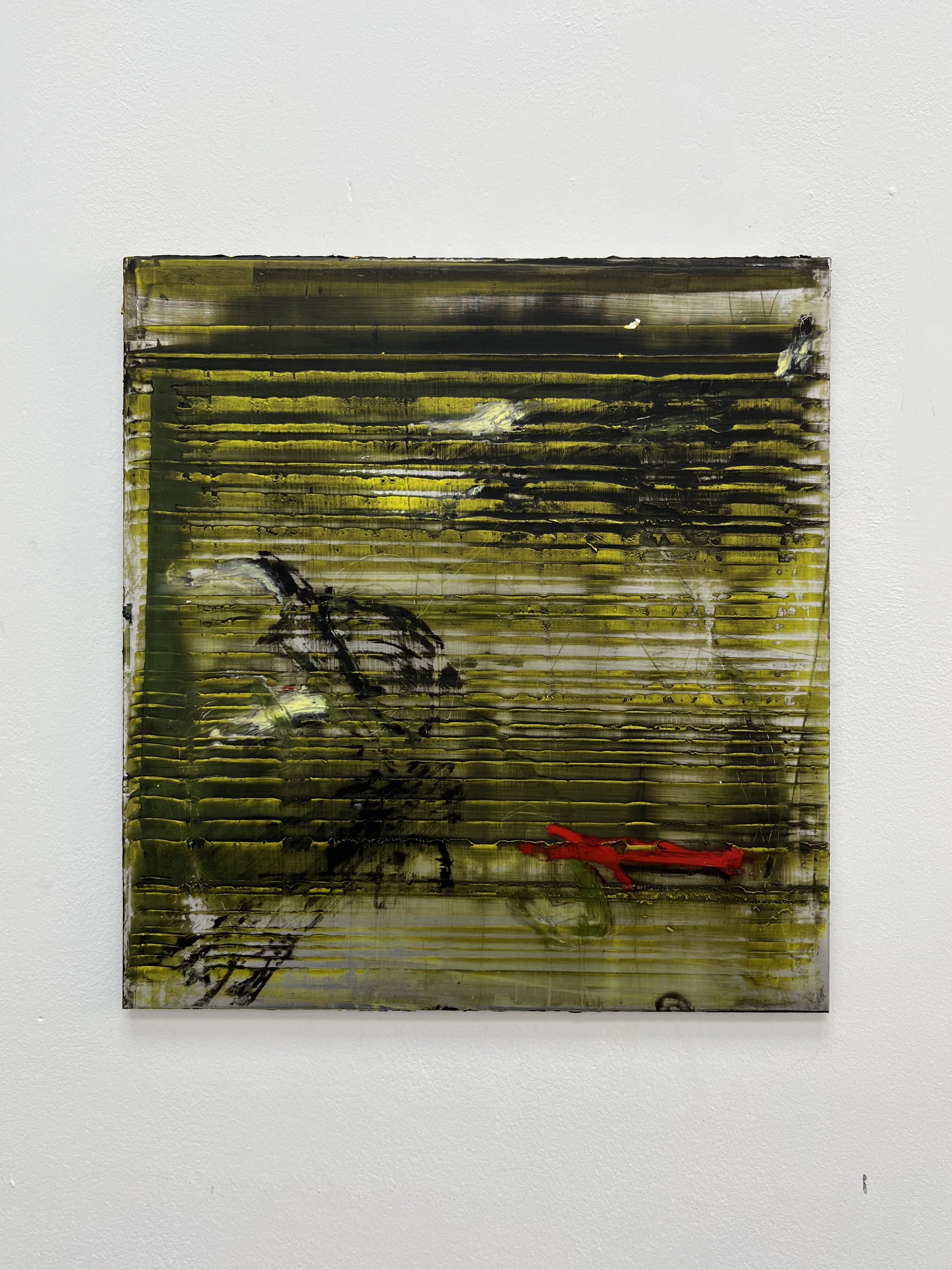 suspend, oil, oil stick and cold wax on aluminum (240x255mm) SOLD