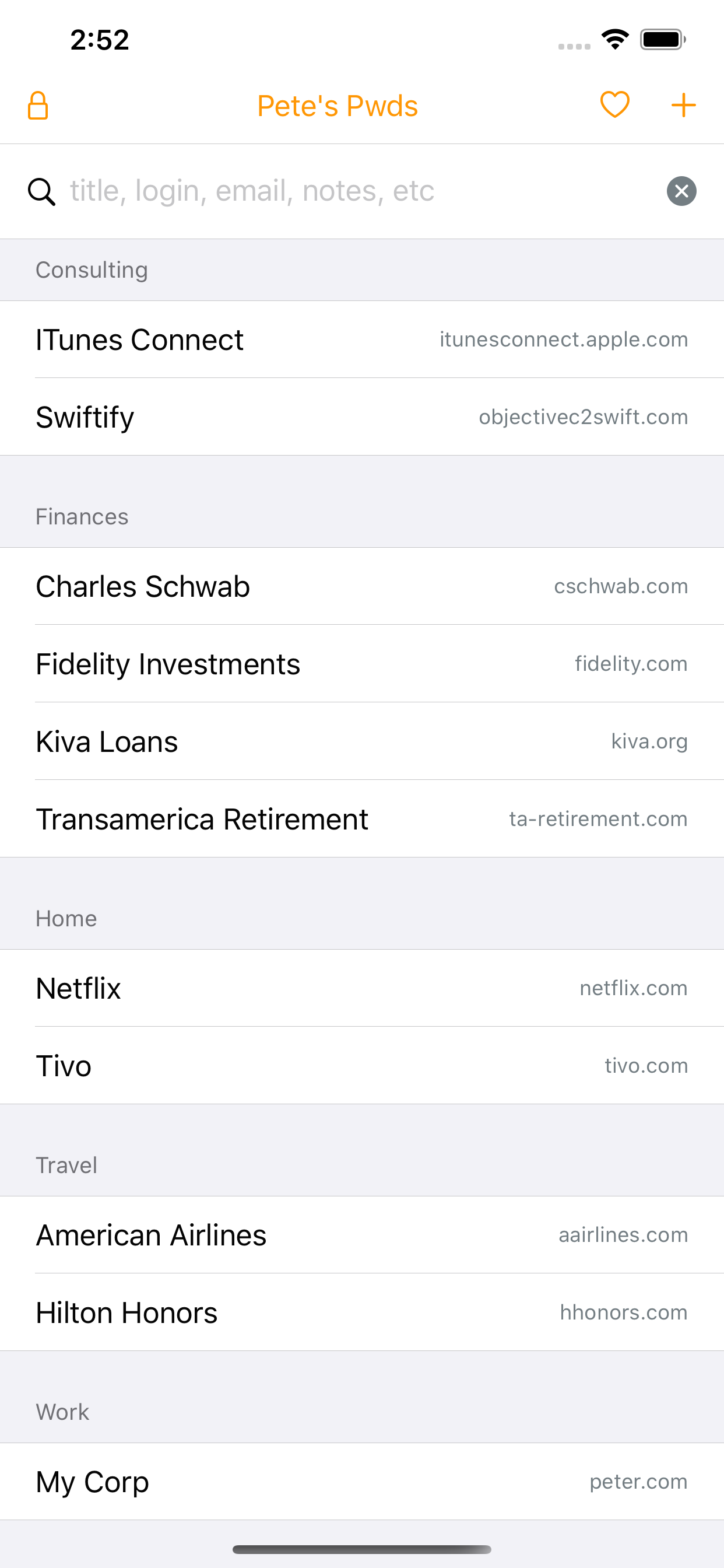 The list of all your passwords. Tap on a record to view or change it.