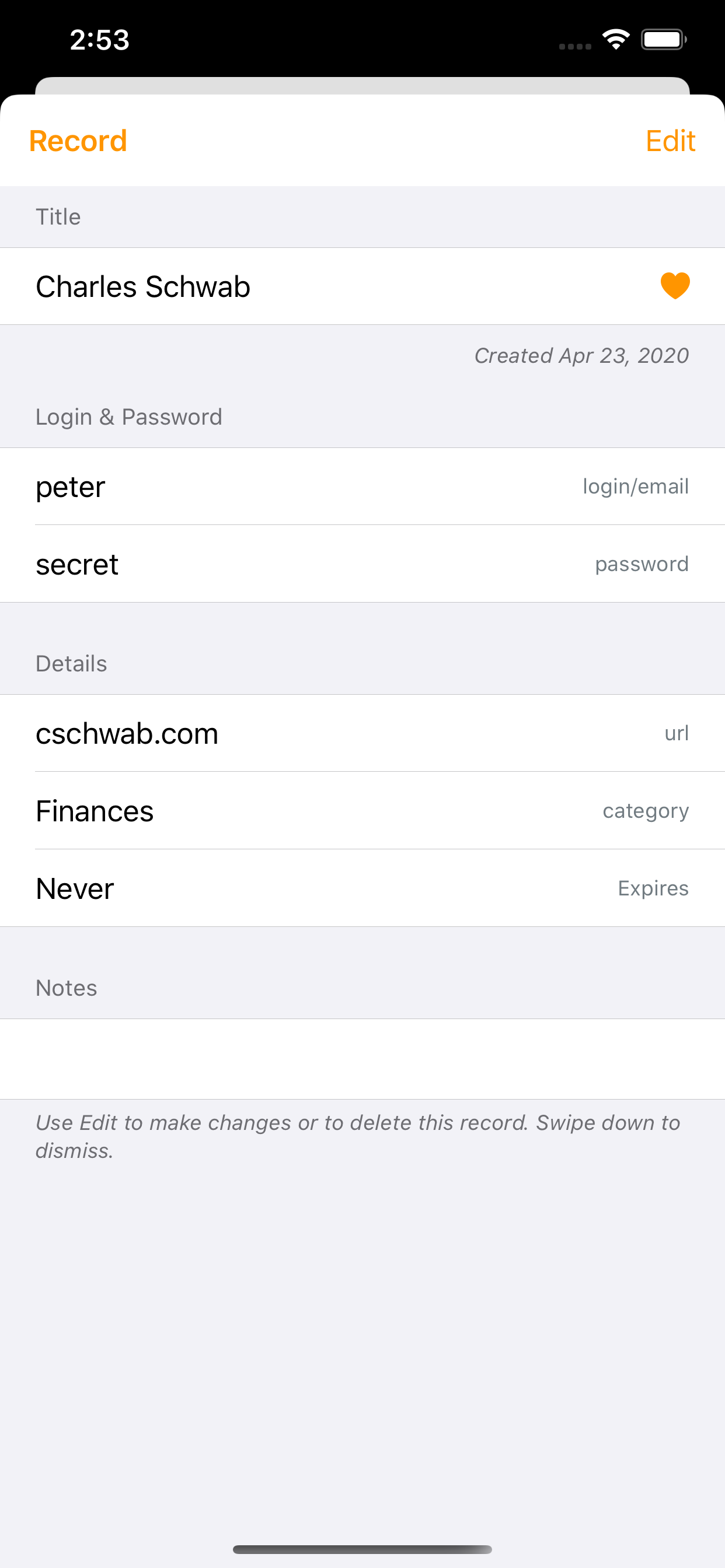 Editing a record. Tap on a field to change it. Some fields have more helpers, such as Category.