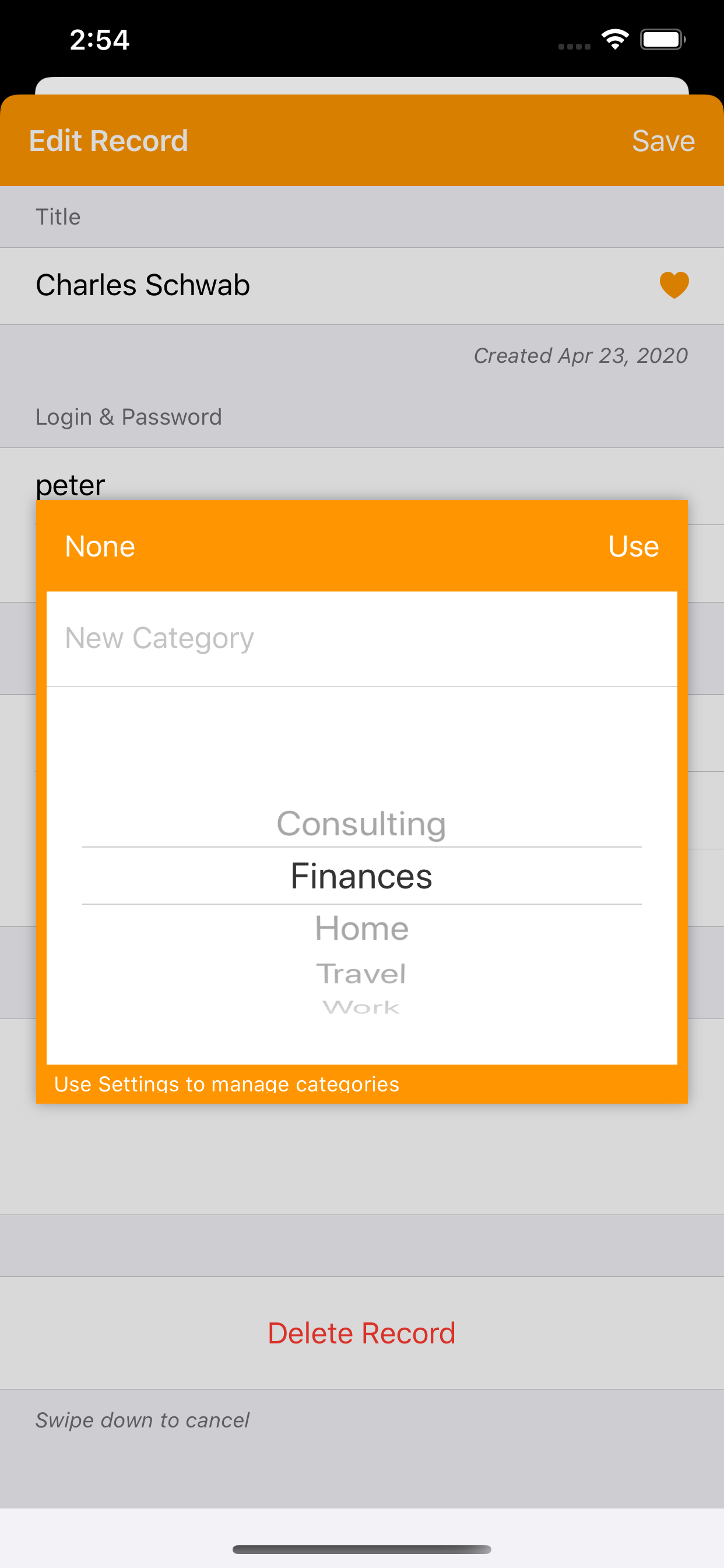 Passwords can be grouped into categories which are displayed in the list. Enter new categories here or select a category you've already created. You can manage categories in Settings.