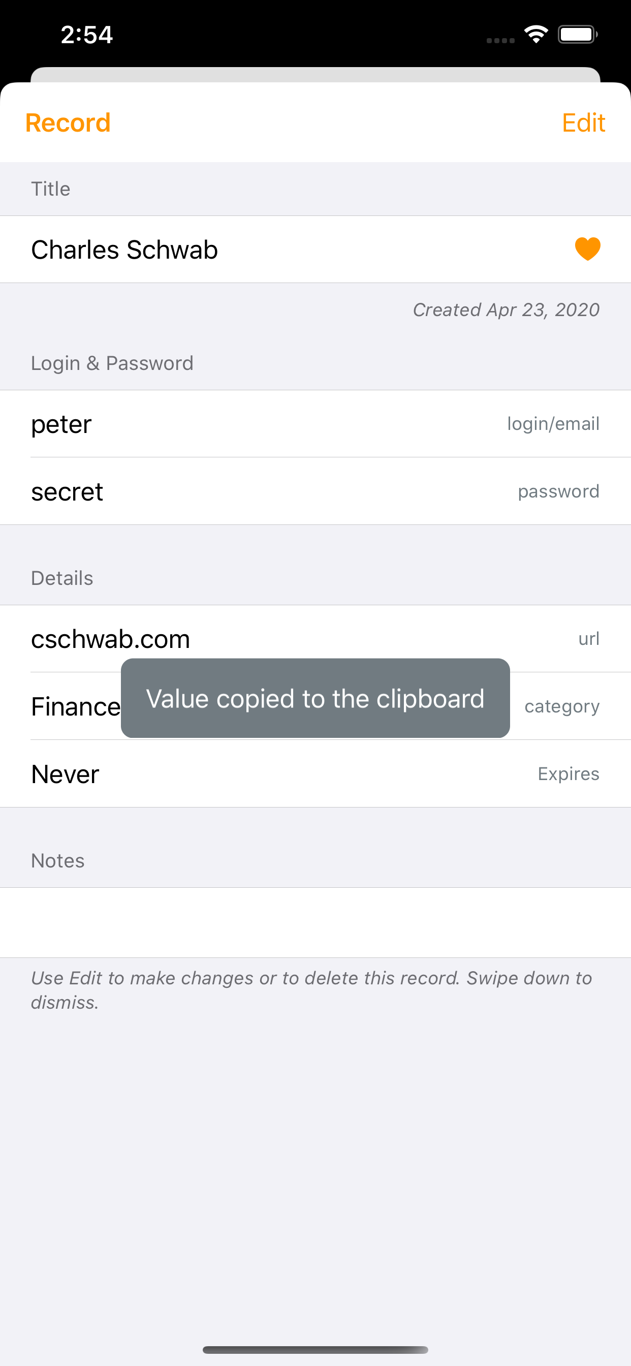 When viewing a password, tap on a field to copy it to the clipboard, making it easy to transfer login information to forms.