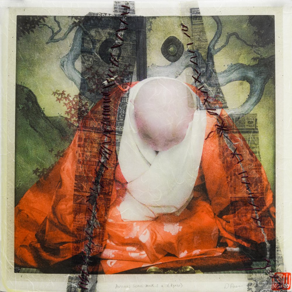 Donna Bassin, Precious Scars.Kyoto.Monk.8A, 2020. Pigment print, embroidery thread, encaustic; 16”x16”; Unique. 
