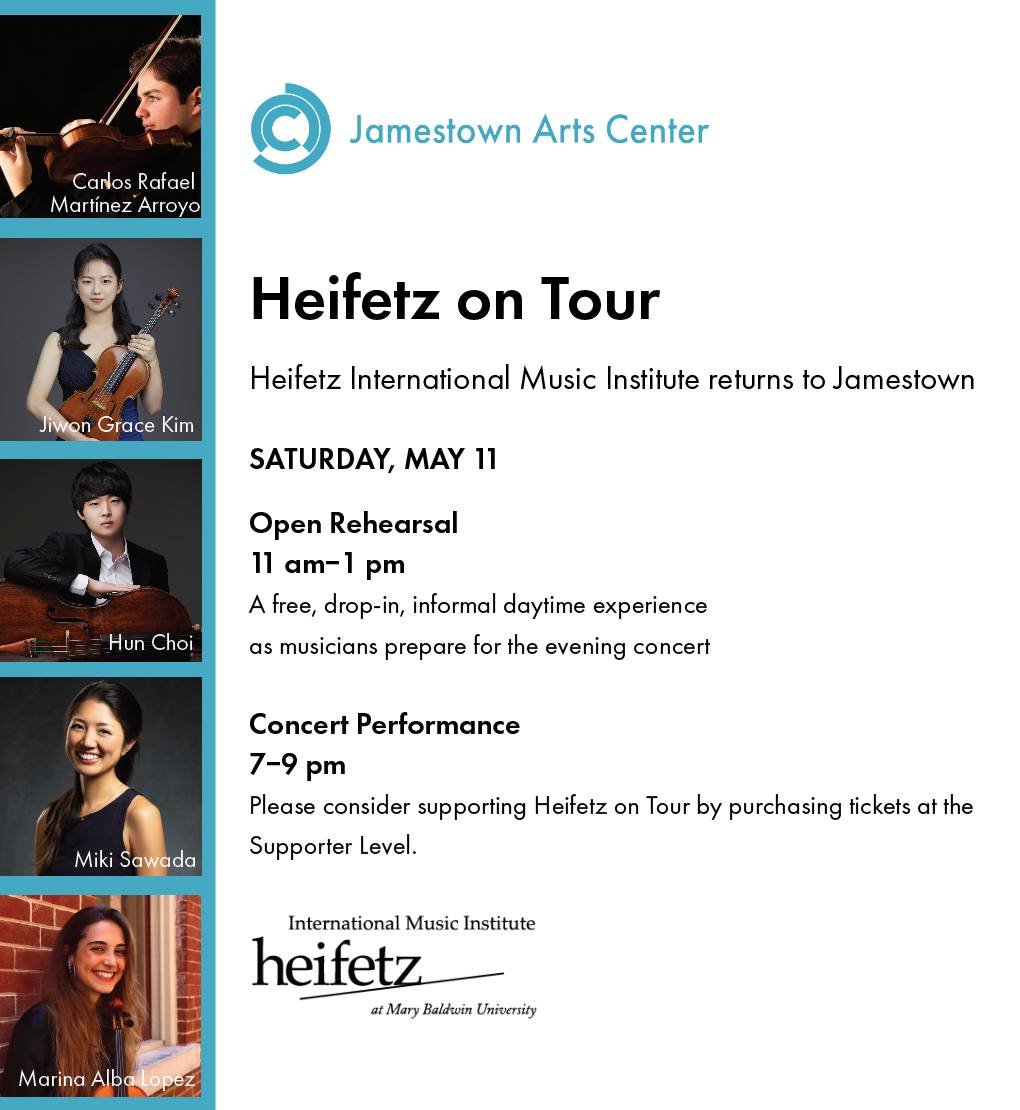 THIS WEEK: Heifetz on Tour 🎻

Join us Saturday, May 11th for an unforgettable experience showcasing the talents of these classical musicians. The Heifetz on Tour Residency Program is a collaboration between the JAC and the Heifetz International Musi