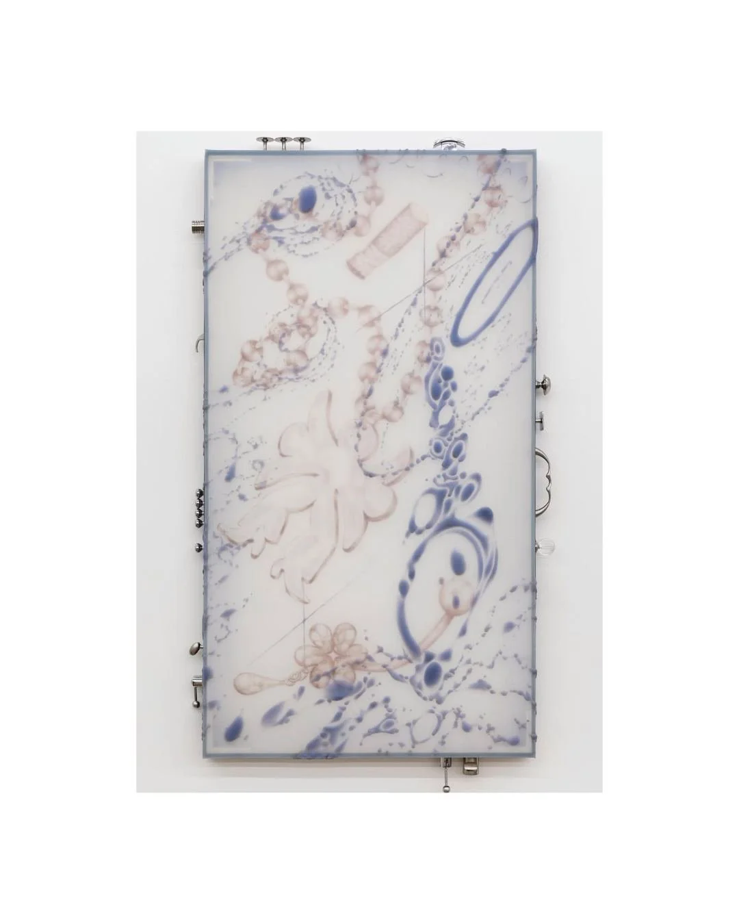 @asma_asma_asma_asma_asma_asma Drawer n&rsquo; Locket, 2022, Platinum silicone, aluminum frame, metal and plastic handles, 56 cm x 102 cm x 4.5 cm