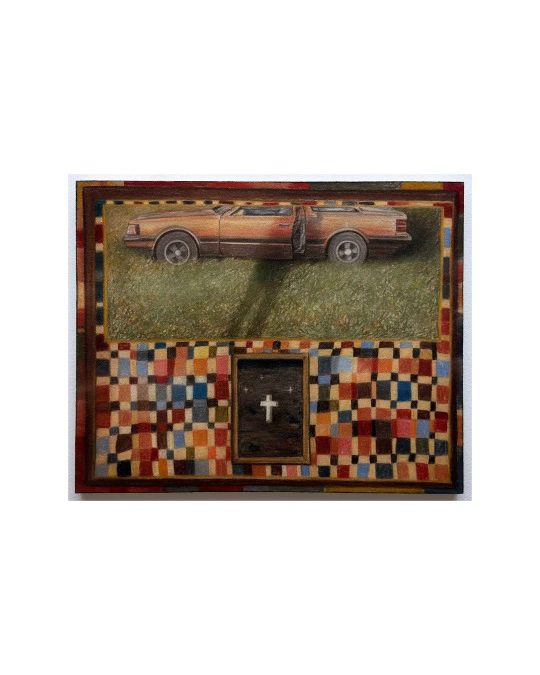 @lucyray_art Car, shadow and cross, 2025, pastel, cold wax on canvas panel, 40.6 x 50.8 cm #lucyray