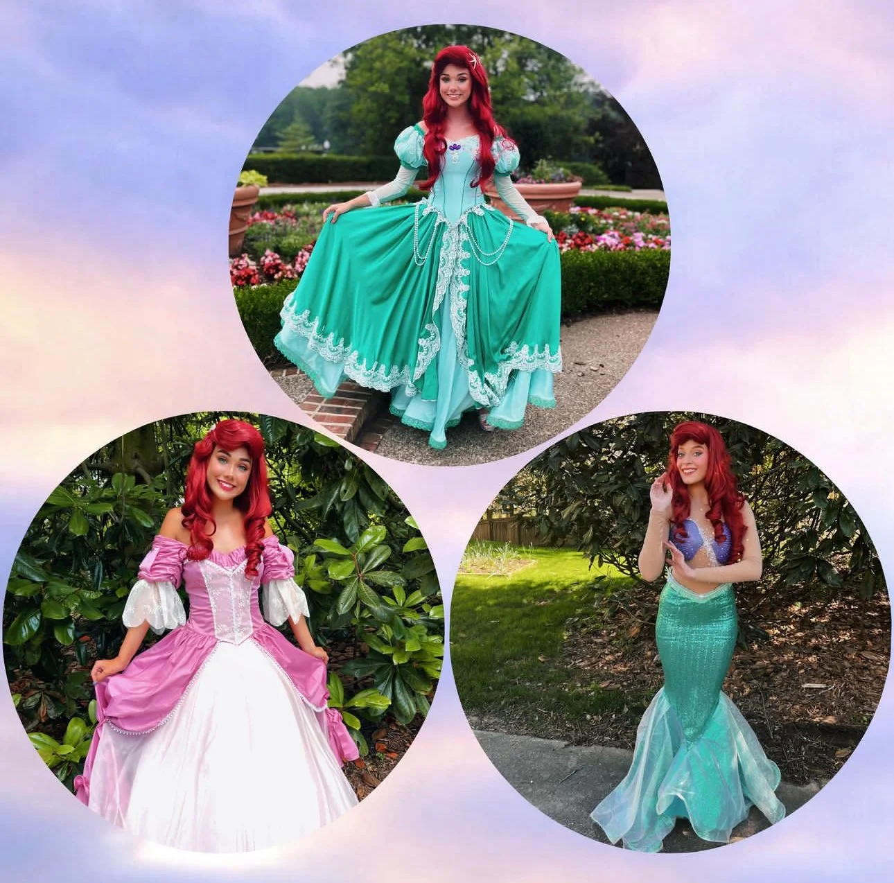 A woman dressed as a Disney princess in three different costumes, with a pink, purple, and blue theme in outdoor garden settings.