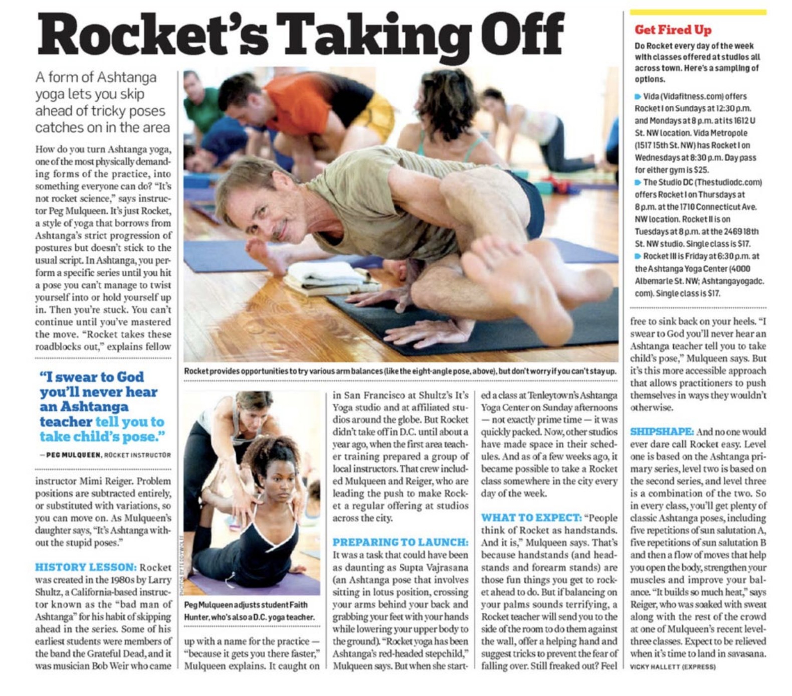 Man and woman practicing yoga on mats in a class, with friends in the background, demonstrating arm balances.