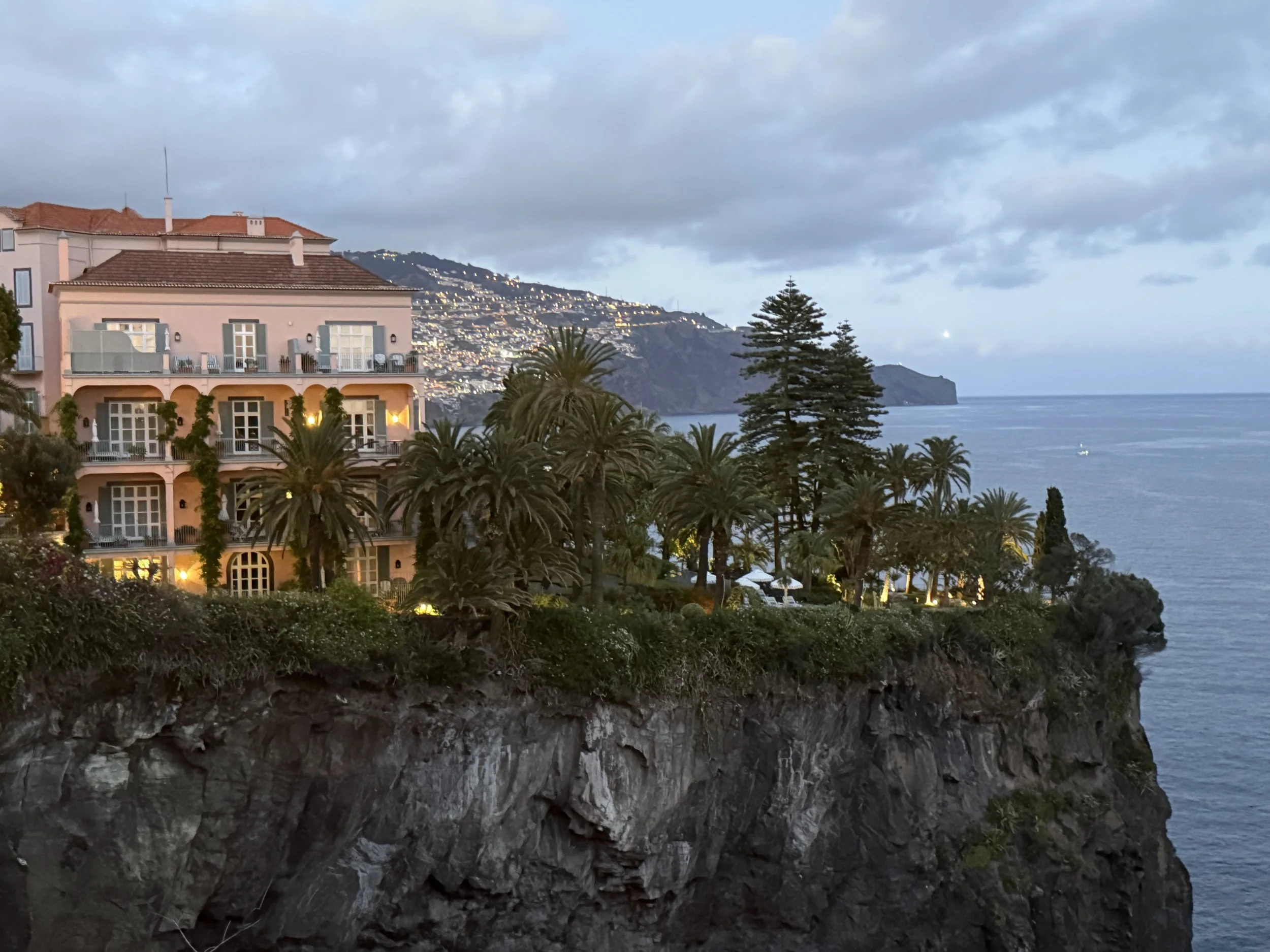 A hillside hotel overlooking the ocean at dusk, with several palm trees and lush greenery in the foreground, and a city hillside with lights in the background.