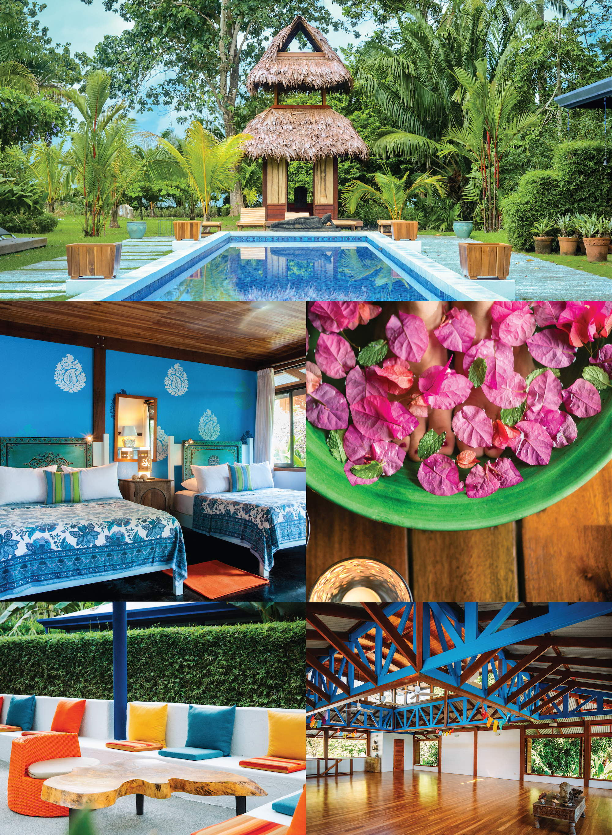 A collage of six images: a tropical poolside with thatched hut and lush greenery; a bedroom with blue walls, floral bedding, and two beds; a close-up of pink bougainvillea flowers with green leaves; an outdoor lounge with colorful cushions and a wooden coffee table; an industrial-style open space with blue steel beams and wooden floors; and a cozy corner with a small round table, books, and a colorful sofa with orange, yellow, blue, and white cushions.
