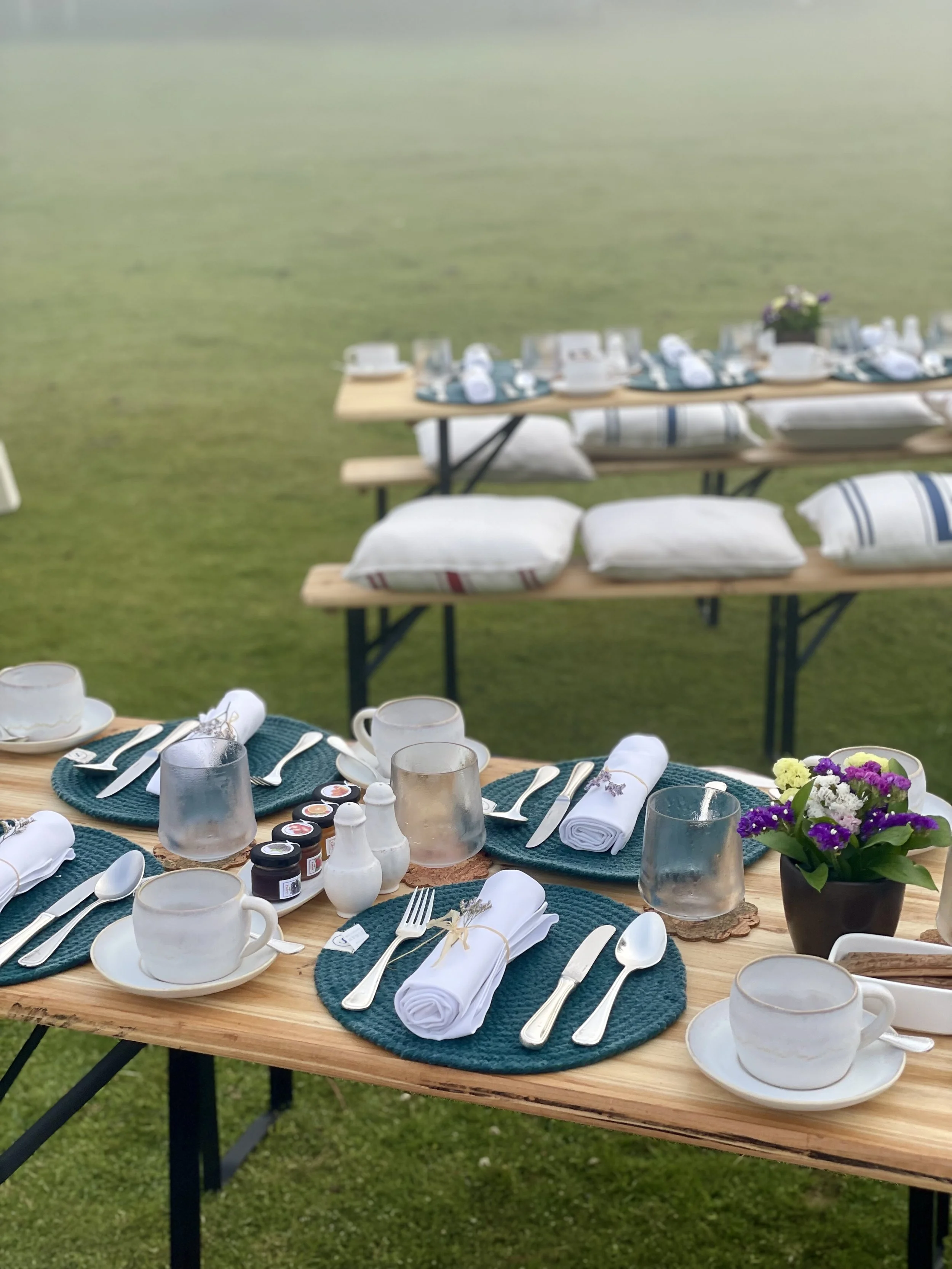 Outdoor table set with teacups, glasses, cutlery, napkins, and a potted flowering plant, ready for a meal, with additional tables in the background on a grassy area.