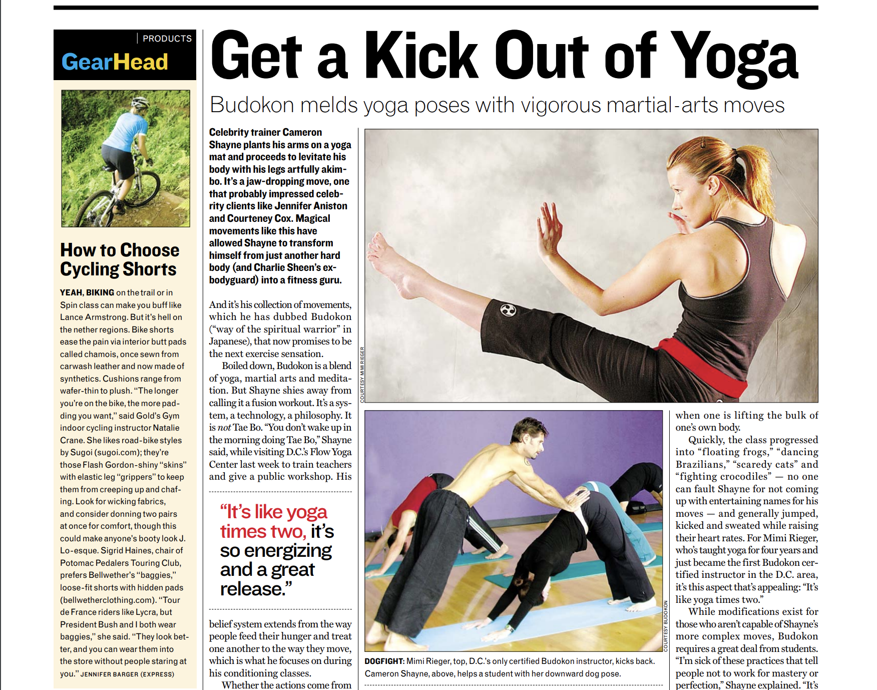 A woman practicing yoga in a pose with one leg raised and balancing on her hands and other leg, wearing a black tank top and black pants. A smaller inset shows a man in a yoga pose on a purple mat, with a woman assisting him. The article discusses yoga poses, martial arts, and fitness routines.