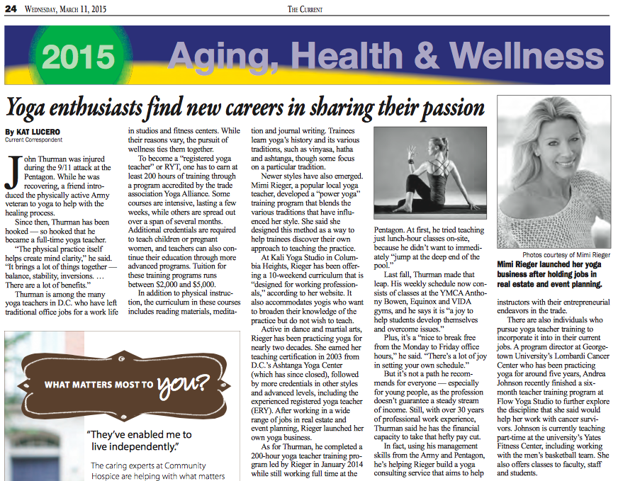Page from a newspaper with an article titled 'Yoga enthusiasts find new careers in sharing their passion.' Includes a black-and-white photo of Mimi Rieger and a smaller photo of a woman practicing yoga. The article discusses her career transition and yoga training.