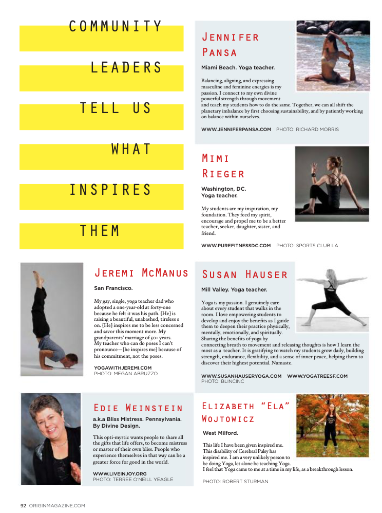 A collage of six profiles of yoga teachers with their photos, names, locations, and a brief description of their background and teaching philosophy. The profiles are organized in a grid layout with yellow highlighted sections containing a phrase: 'Community Leaders Tell Us What Inspires Them.'