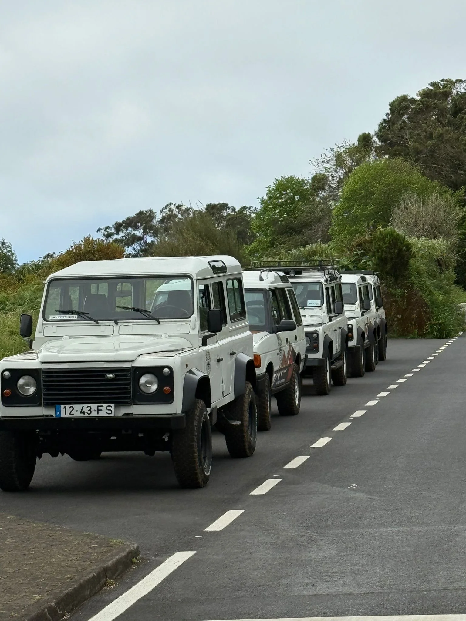 A line of four white off-road vehicles parked along the side of a rural road surrounded by greenery.