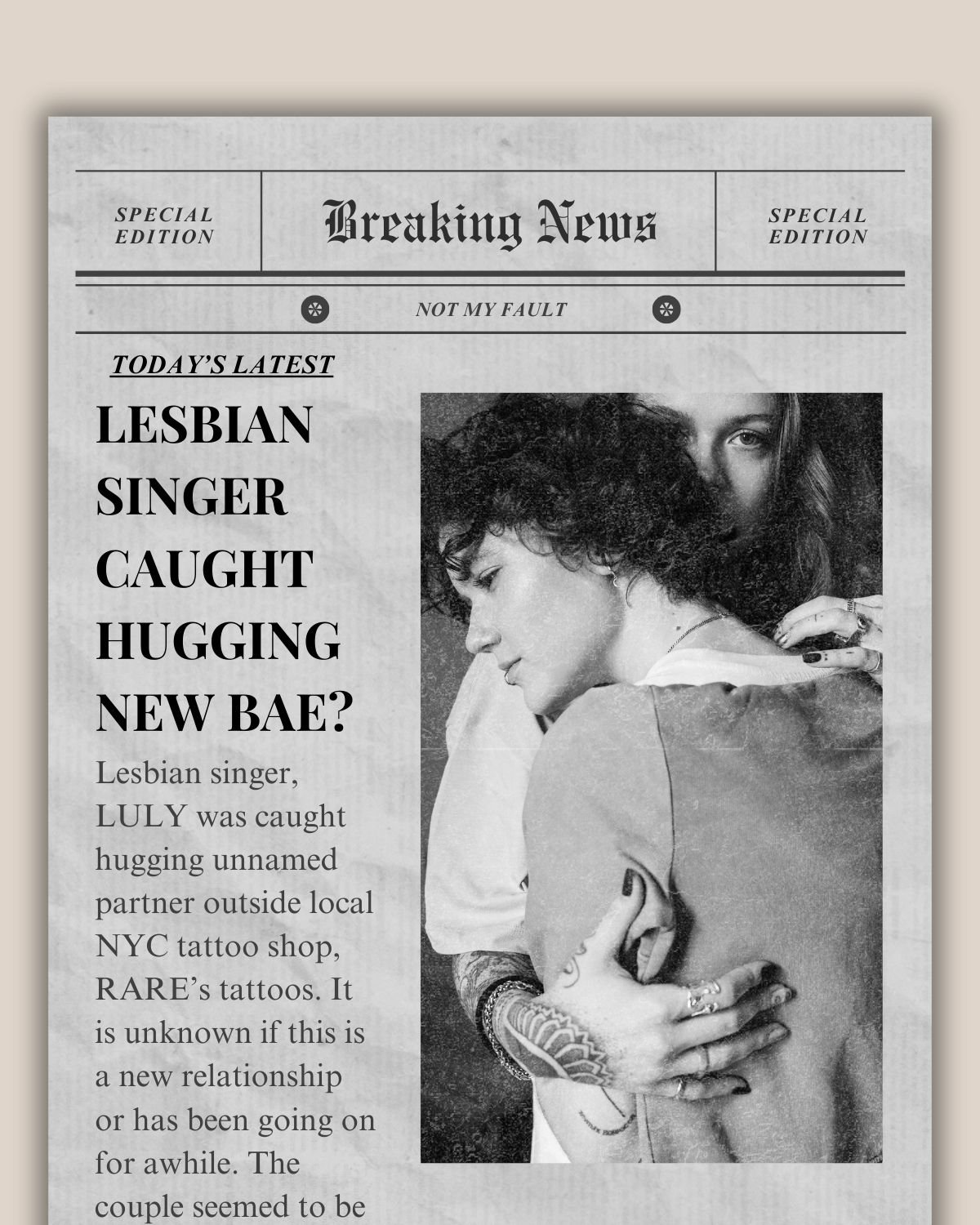 What to Expect:

🩷 Renee Rapp Inspired

💋 Rockstar FMC

🎀 Fake dating

🏙️ Set in NYC

👅 Spicy Sapphic Romance

🪩 Found Family

🎤 Nonbinary Main character

Read Book 1 now: Eras of Us: https://books2read.com/Eras-of-Us

Read Not My Fault: https