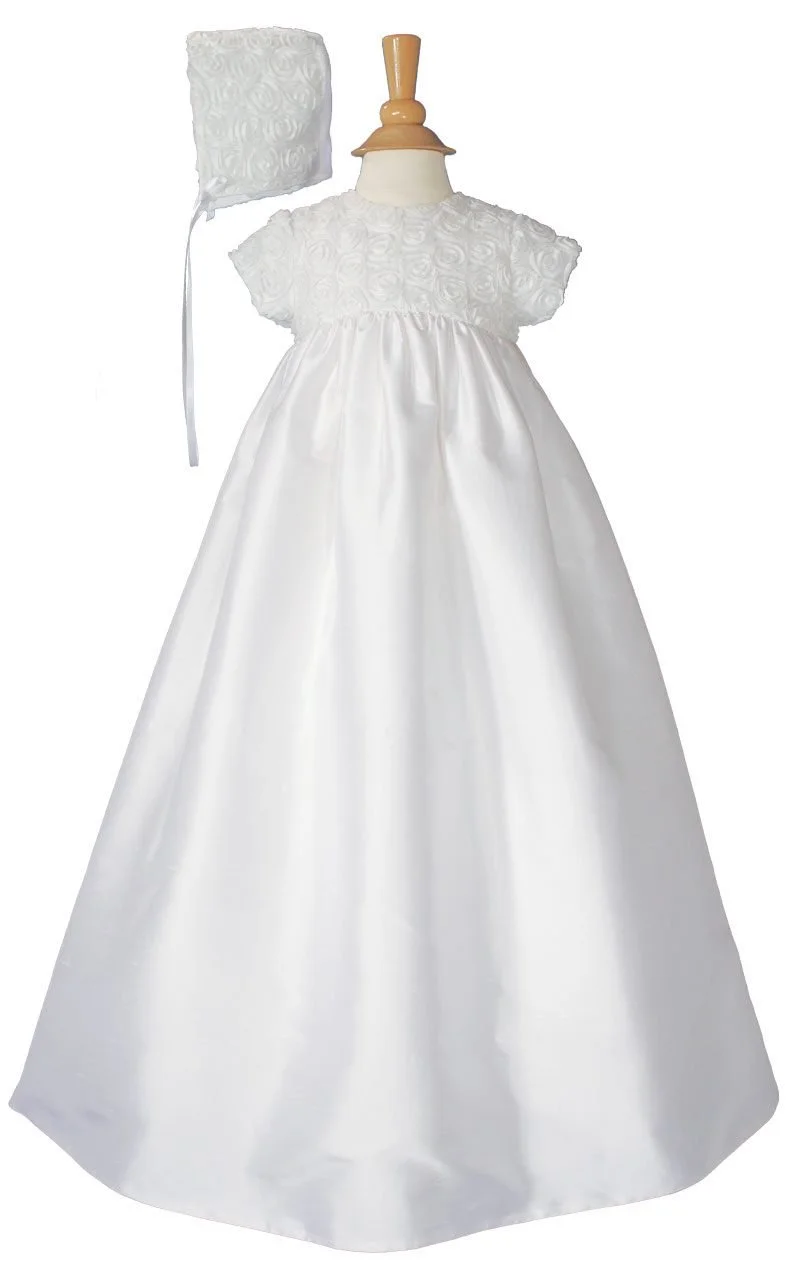 Girls 32″ Cotton Sateen Christening Gown with Rosette Covered Bodice