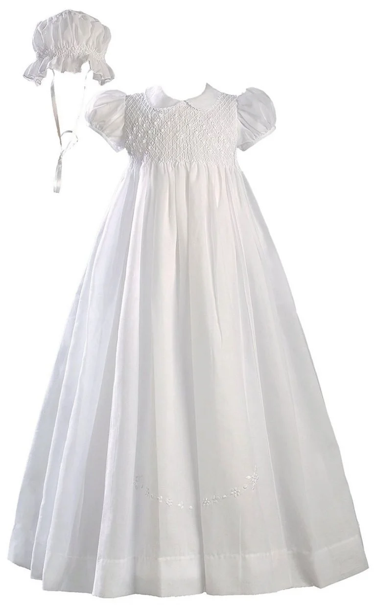 Girls White 32″ Hand Smocked Batiste Christening Baptism Gown