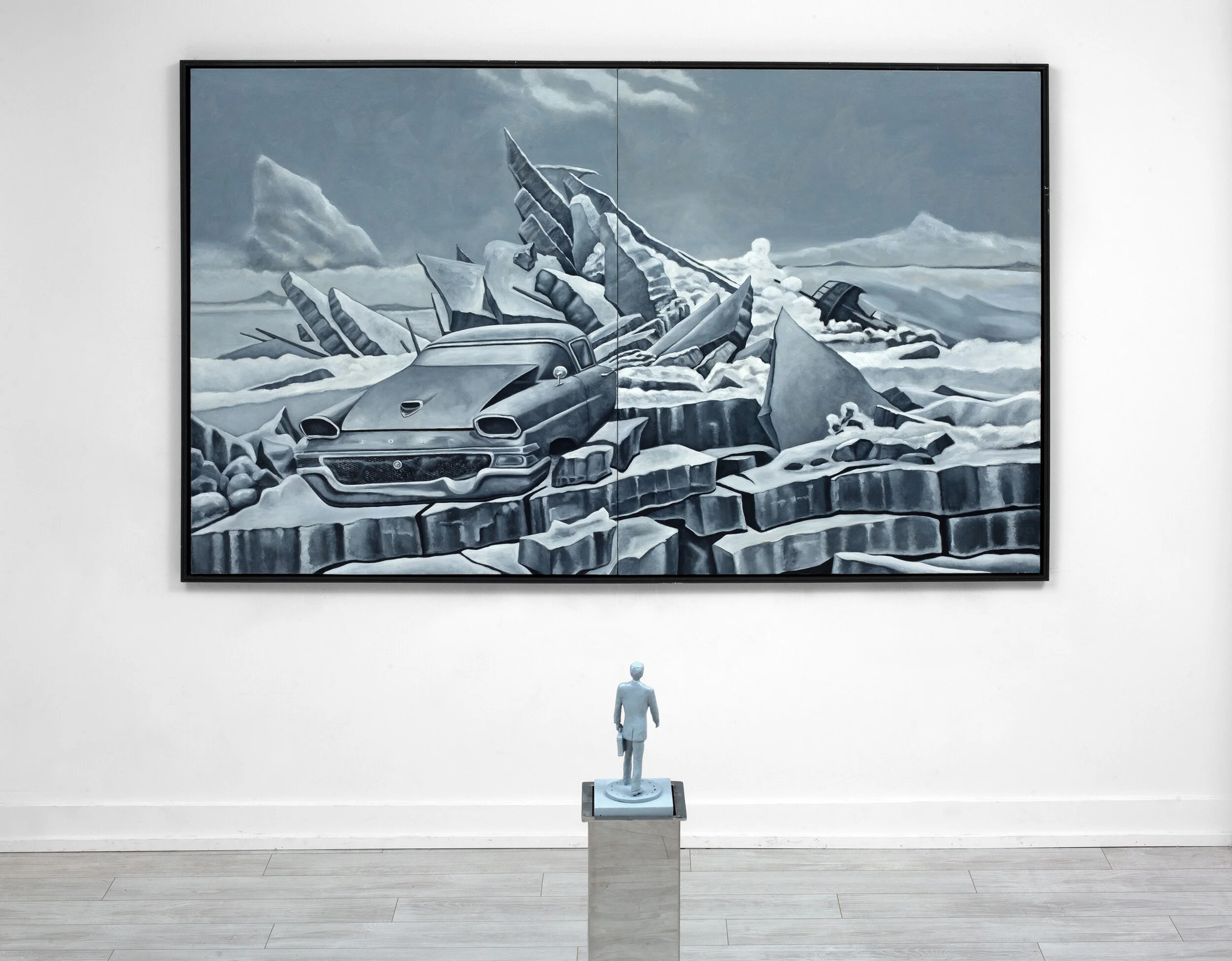 The Wreck, 2010, oil on canvas, 96 x 60 in, with painted metal sculpture of businessman on chrome display stand, 8 x 8 x 60 in