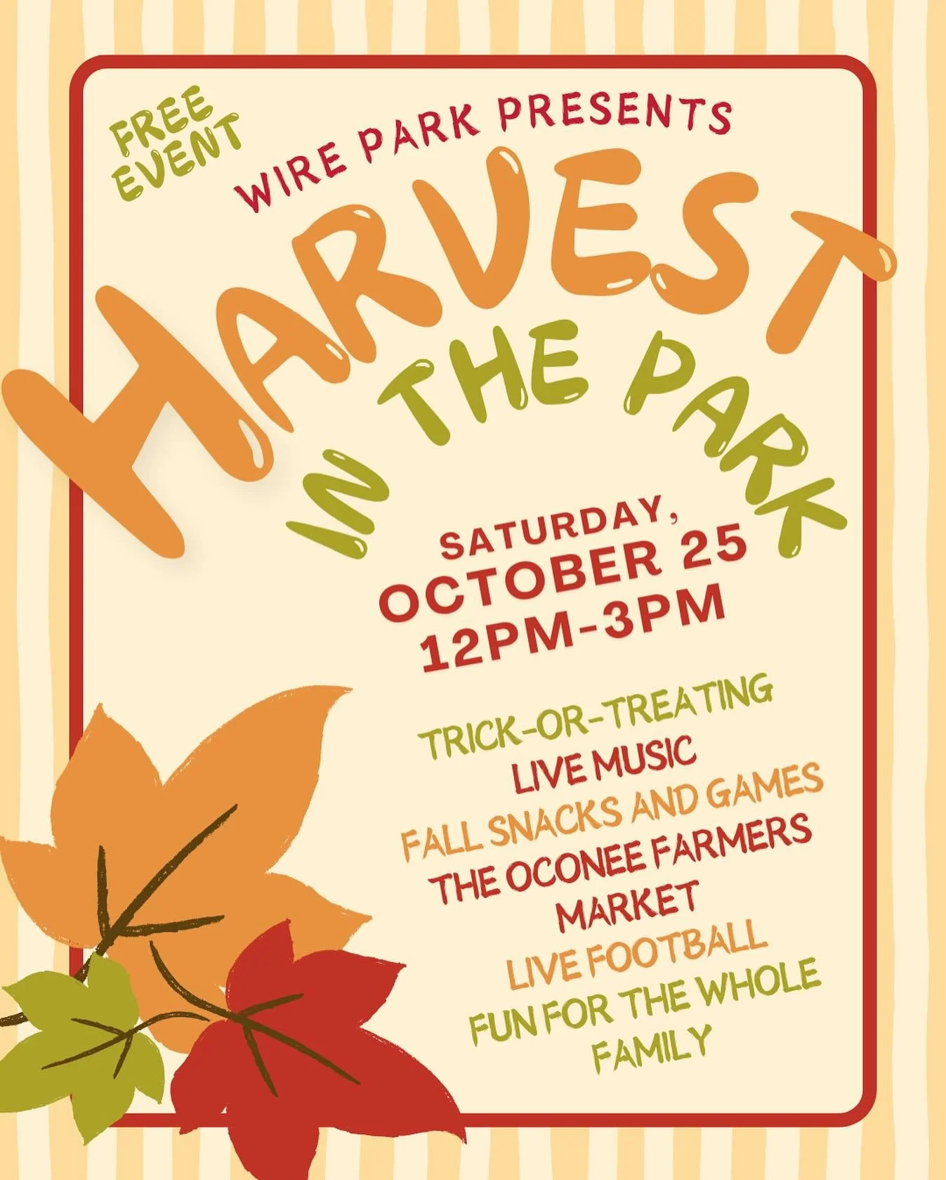 One of your favorite fall traditions is BACK! Dress up with the whole family, and join us for Harvest in the Park on Saturday, October 25th from 12pm - 3pm!

Enjoy trick-or-treating, live music from @thegoodjoys, the Oconee Farmers Market, festive fa
