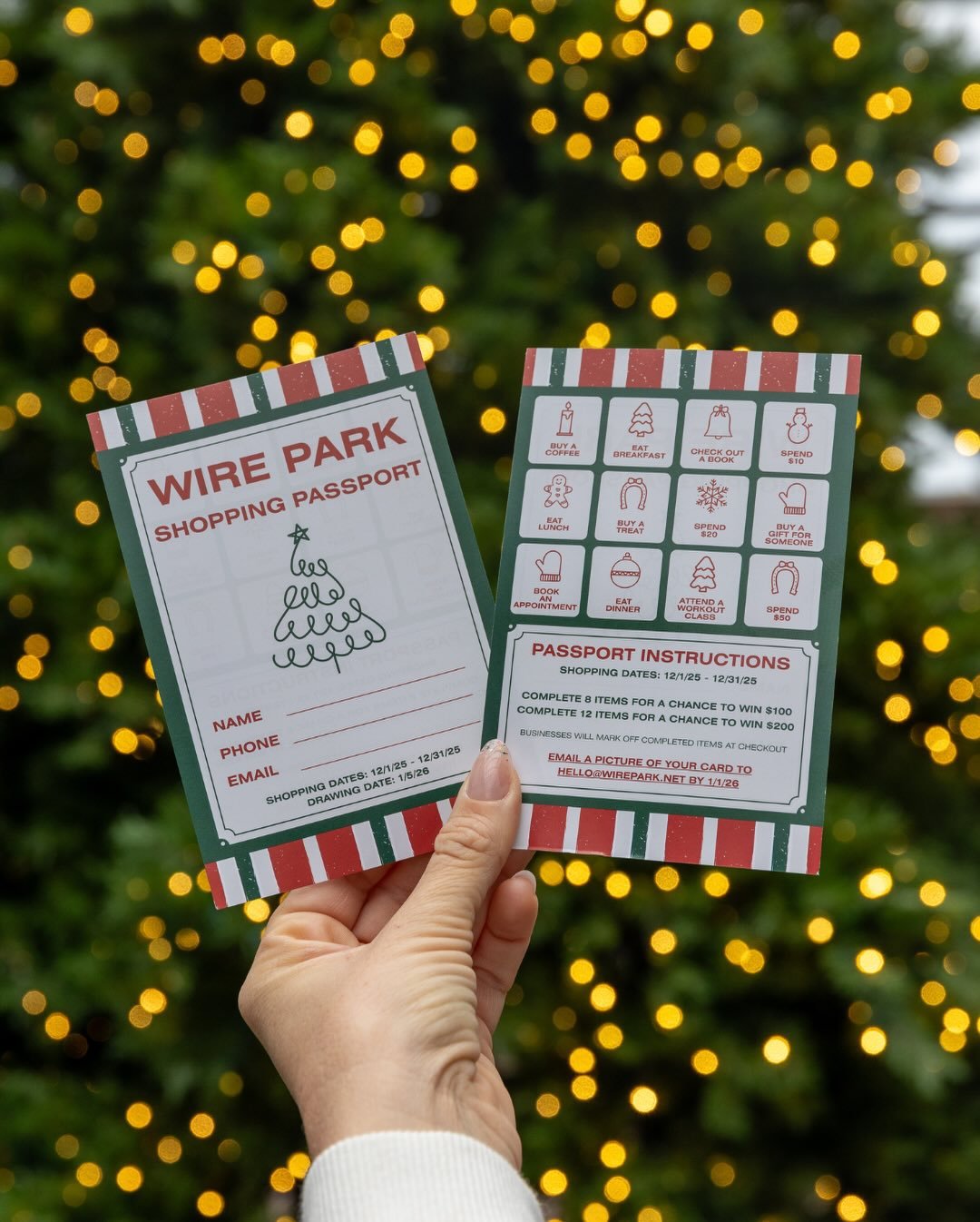 Your Christmas shopping just got more rewarding! 

Grab your Wire Park Shopping Passport, check off each stop, and submit it by 1/1/26 for the chance to win up to $200. Contest ends 12/31/25, so shop local, shop festive, and good luck! 🎄

Details:

