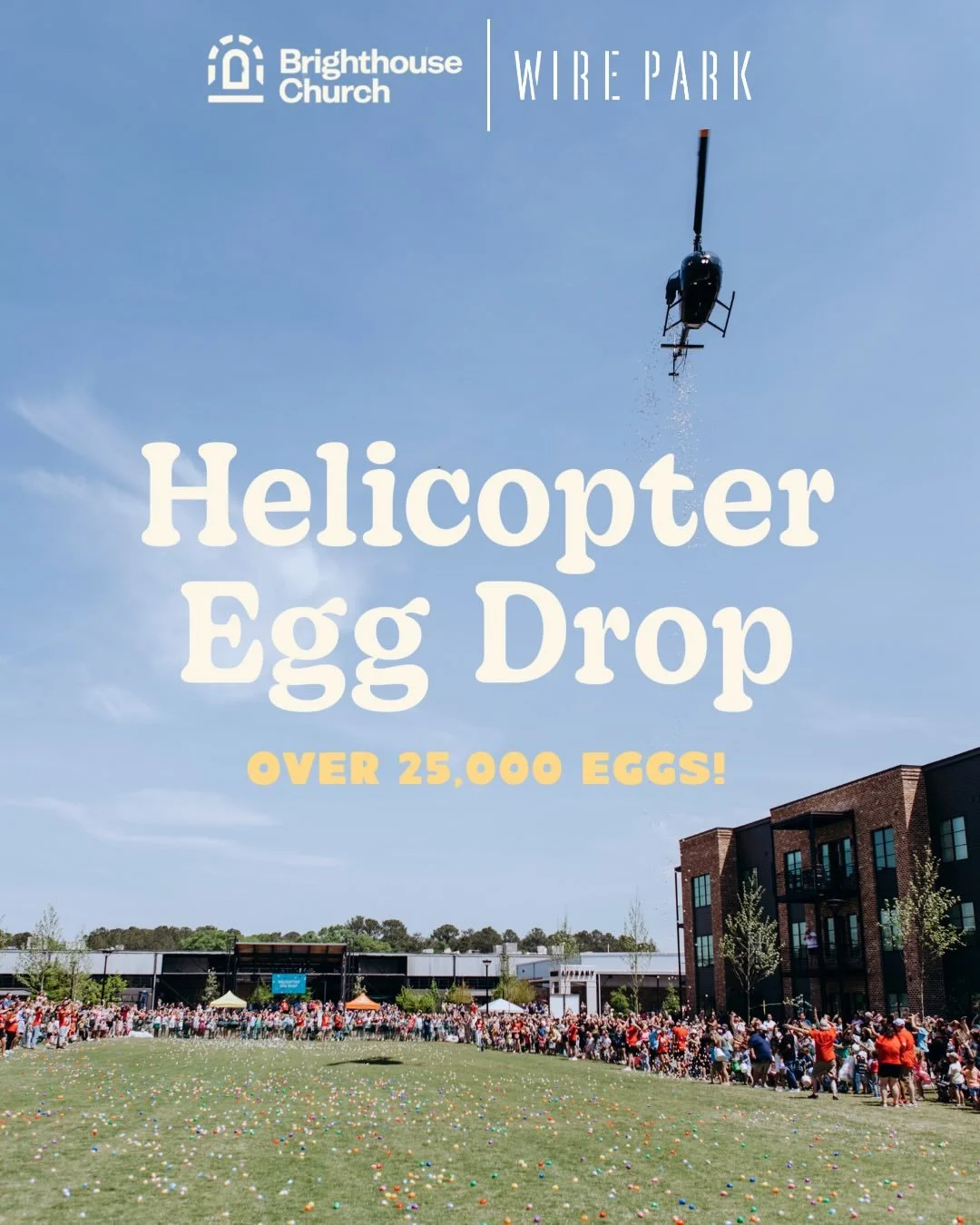 We are so excited to have @brighthousechurch host their 2nd Annual Helicopter Easter Egg Drop right here at Wire Park! With over 25,000 candy and toy-filled eggs being dropped from a helicopter, this event is one you won&rsquo;t want to miss. 

Regis
