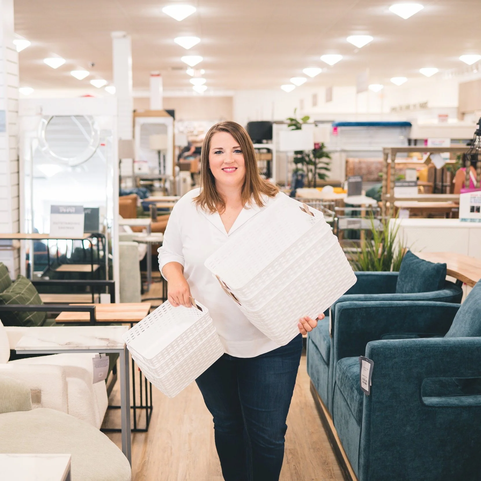 Bloomington Illinois professional organizer standing in home goods for personal brand and business headshot photos by top Bloomington Illinois Photographer