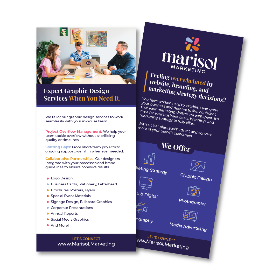 Two marketing flyers for Marisol Marketing, one showing a group of people in a meeting, and the other listing marketing services such as graphic design, branding, and digital marketing.