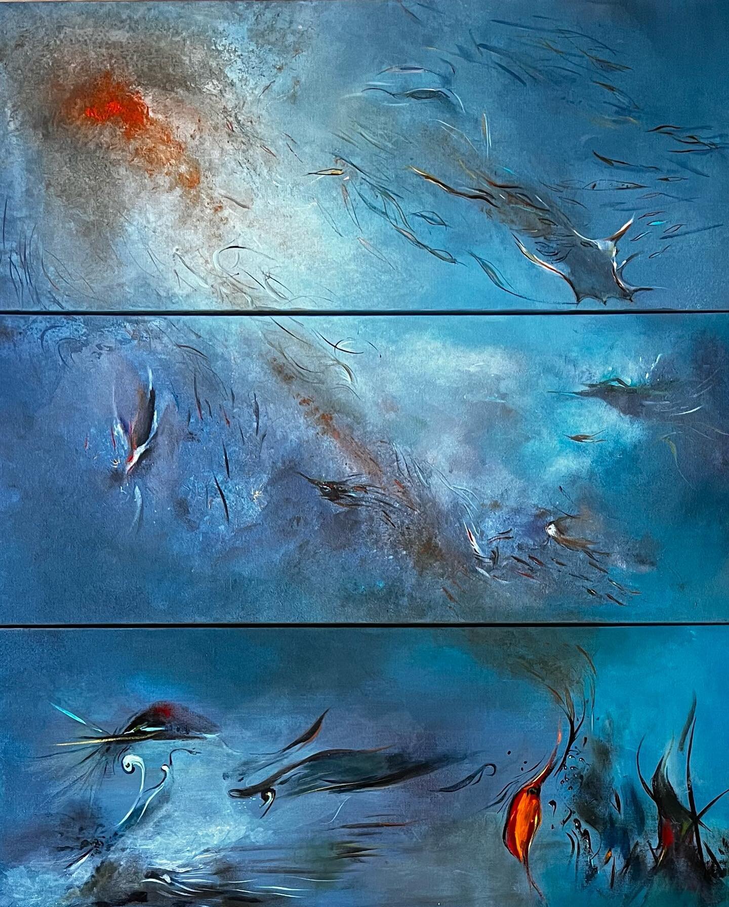 Ocean creatures ; Acrylic on Triptych : 40&rsquo;&rsquo;x 48&rdquo; (ea: 40&rdquo;x16&rdquo;)Canvases #unframed #malakmorganart.com; #galerie #neworleansartist #artforsale #abstractartist #barrierreef #Nature #impressionism #neworleansartist #savethe