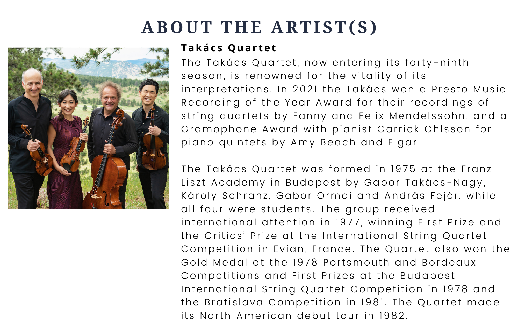Chamber Music Society Presents; TAKÁCS QUARTET AND MARC-ANDRÉ HAMELIN, PIANO:  TICKETED