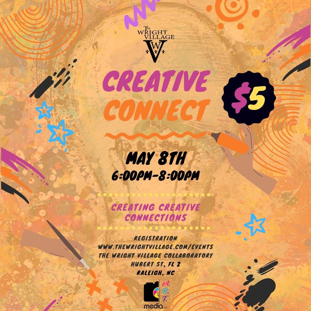 🎨✨ Creative Connect: Where Creativity Meets Collaboration! ✨🎨

🗓️ Date: Wednesday, May 8th
🕕 Time: 6:00 PM - 8:00 PM
📍 Location: The Wright Village- Hubert St Raleigh Fl 2

Get ready to network, collaborate, and be inspired at Creative Connect -