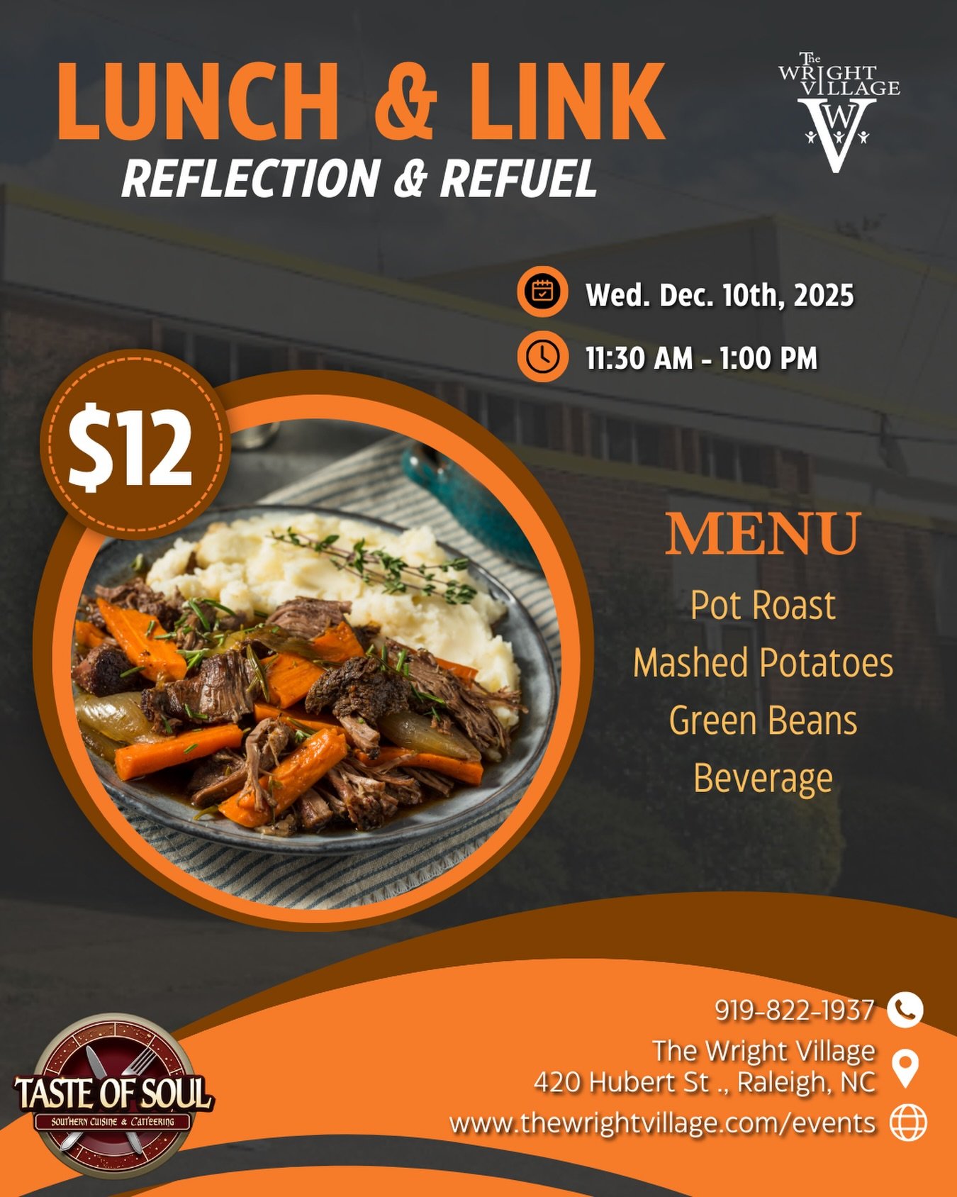 We&rsquo;re closing out the year Wright Village style! ⭐️ Good food, good people, &amp; good energy. 😁

Join us for Lunch &amp; Link on Wednesday, December 10th from 11:30 AM - 1:00 PM and enjoy a warm pot roast dinner for just $12 (or bring your ow