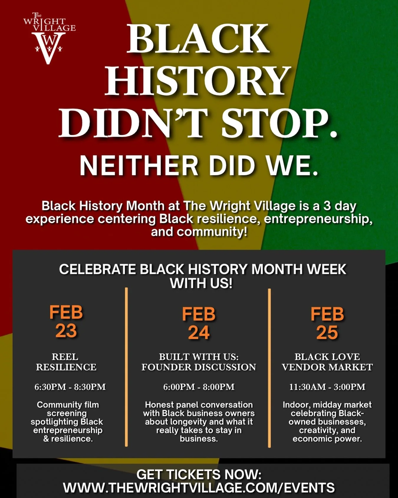 Next week at The Wright Village. 🤎

Three days. Three experiences. One community!

If you can&rsquo;t make them all, come to the one that speaks to you.

📍 Feb 23&ndash;25
 🎬 Film | 🏗️ Panel | 🛍️ Market

Which event(s) are you signed up for? Com