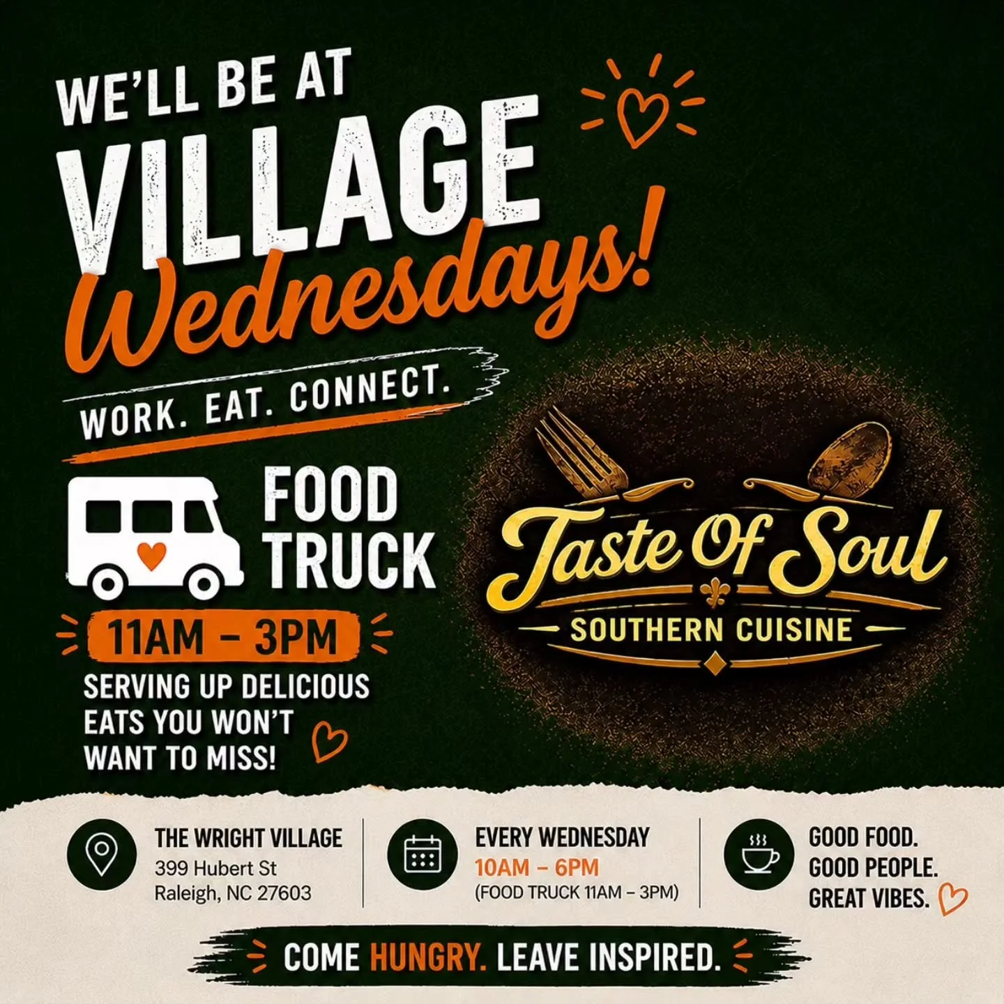 This Wednesday we&rsquo;ve got @tasteofsoulwilson pulling up and if you know&hellip; you know.

Serving from 11AM &ndash; 3PM
Come hungry. Seriously.

But here&rsquo;s the move:
👉 Grab lunch
👉 Grab a smoothie
👉 Stay and reset your day ($5 coworkin