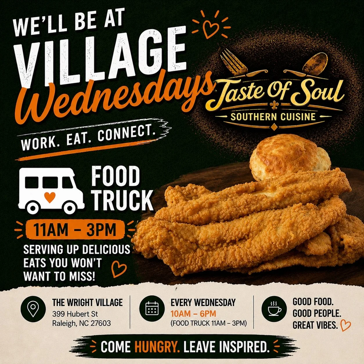 💥This Wednesday at Village Wednesdays💥

This week we&rsquo;re excited to welcome back @tasteofsoulwilson to The Wright Note Caf&eacute; for Village Wednesdays!

From 11AM&ndash;3PM, they&rsquo;ll be serving up their famous fried fish while we keep 
