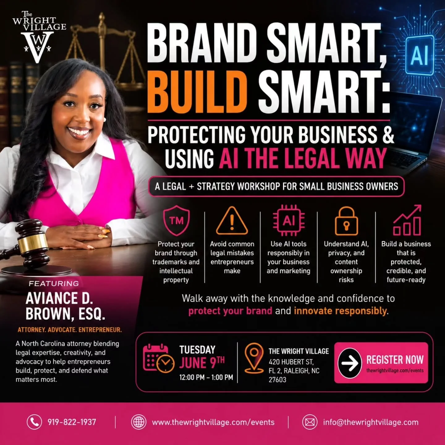 Entrepreneurs, quick question...

Have you trademarked your business name?

Do you know who owns AI-generated content?

Are you sure your brand is legally protected?

If you answered "I'm not sure" to any of these, this workshop is for you.