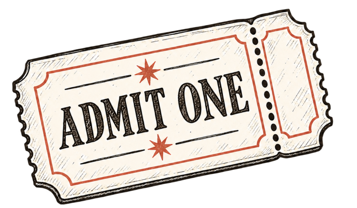 Vintage-style ticket with the words 'Admit One' in black font and decorative red accents.