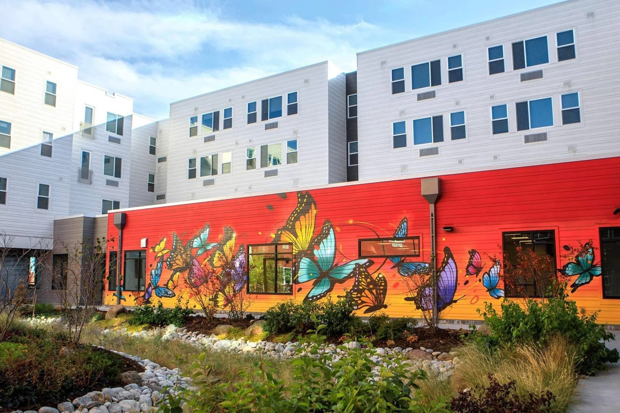 A butterfly mural in the Vine Street clinic courtyard.
