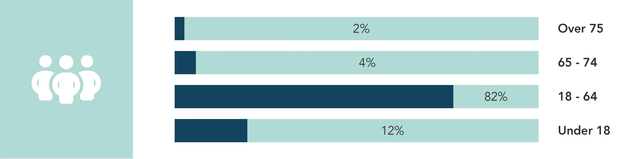 Bar graph showing percentage distribution of age groups, with over 75 at 2%, age 65-74 at 4%, age 18-64 at 82%, and under 18 at 12%, accompanied by an icon of three people.