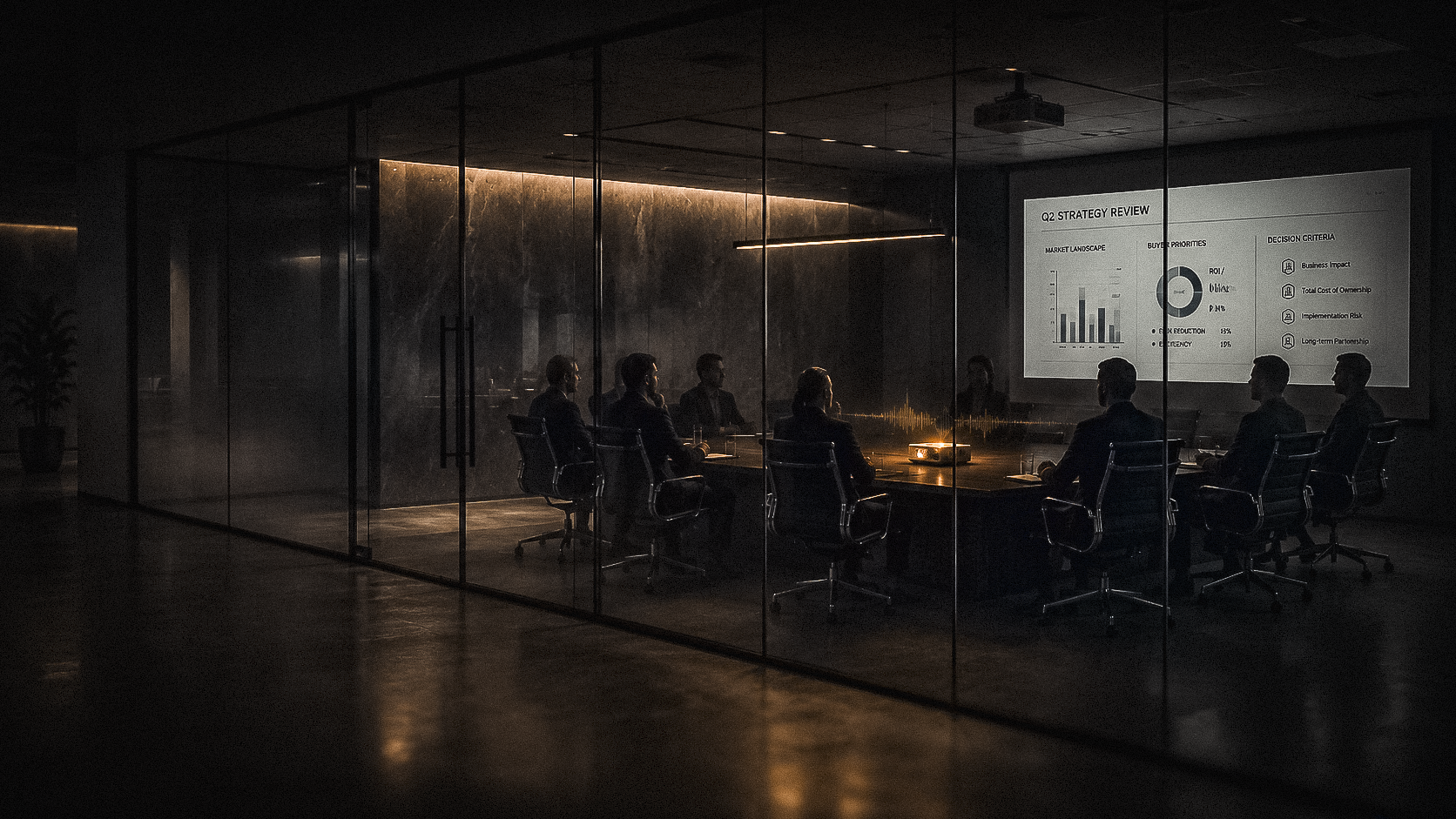 Illustration of business stakeholders in a closed door meeting, discussing strategy.